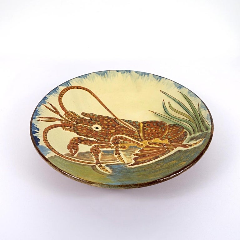 Mid-Century Modern Ceramic Wall Plate with Lobster Decor Signed by Spanish Maker Puigdemont For Sale