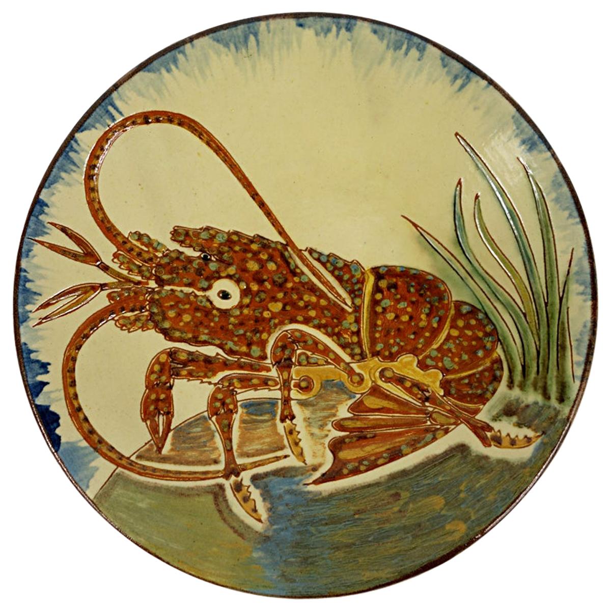 Ceramic Wall Plate with Lobster Decor Signed by Spanish Maker Puigdemont