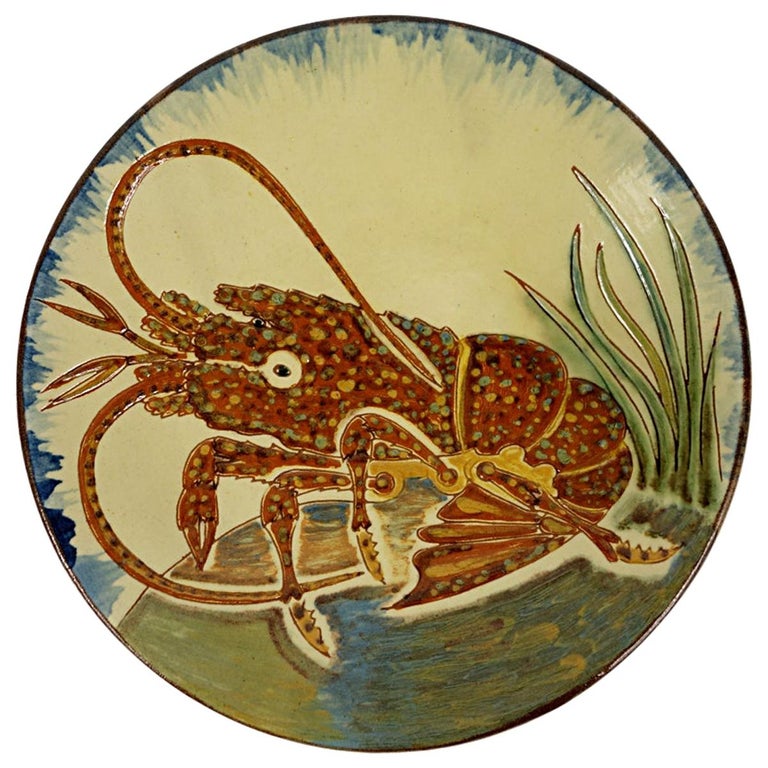 Ceramic Wall Plate with Lobster Decor Signed by Spanish Maker Puigdemont For Sale