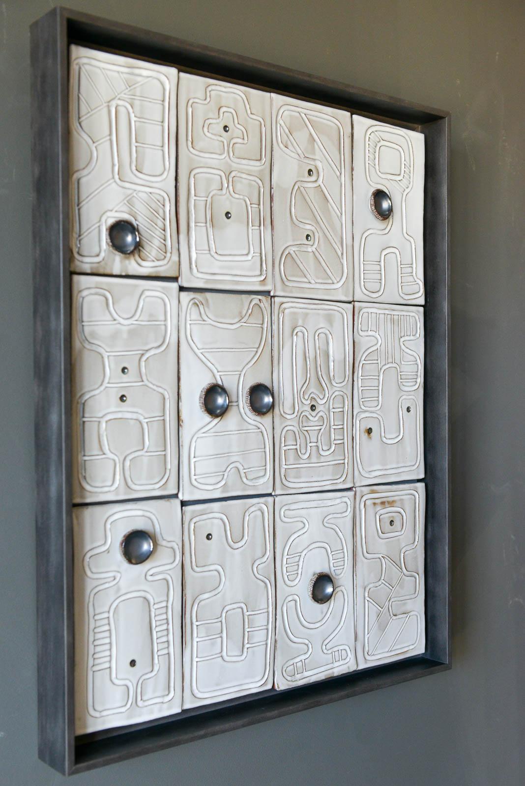 Ceramic Wall Relief by California Artist Adele Martin, 'New Alphabet-Dialog' Original one of a kind ceramic wall relief sculpture by California artist Adele Martin, each tile is handcrafted and individually created, glazed and mounted with a