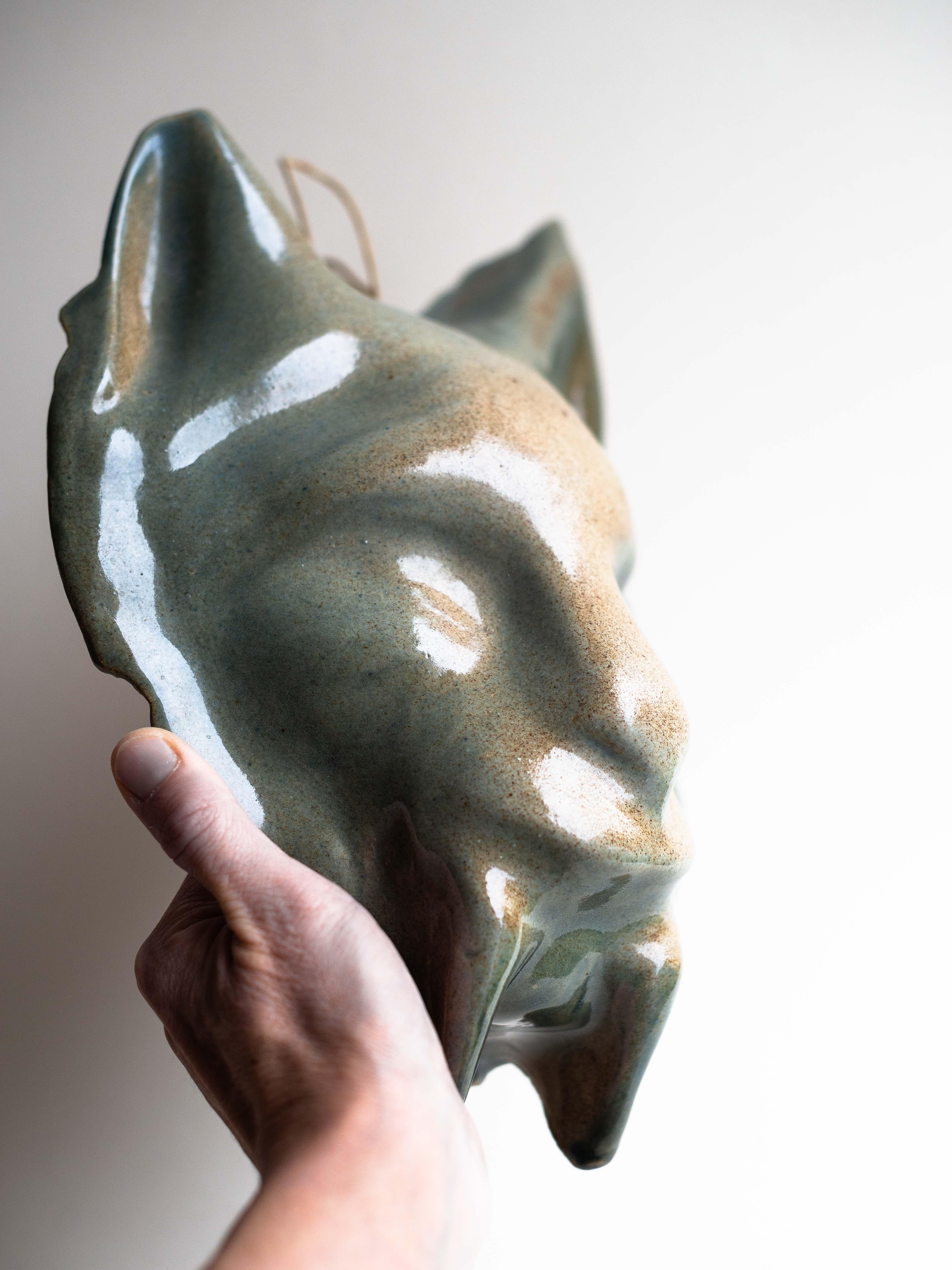 French Ceramic Wall Sculpture, Zoomorphic Feline Mask, France 1970s For Sale