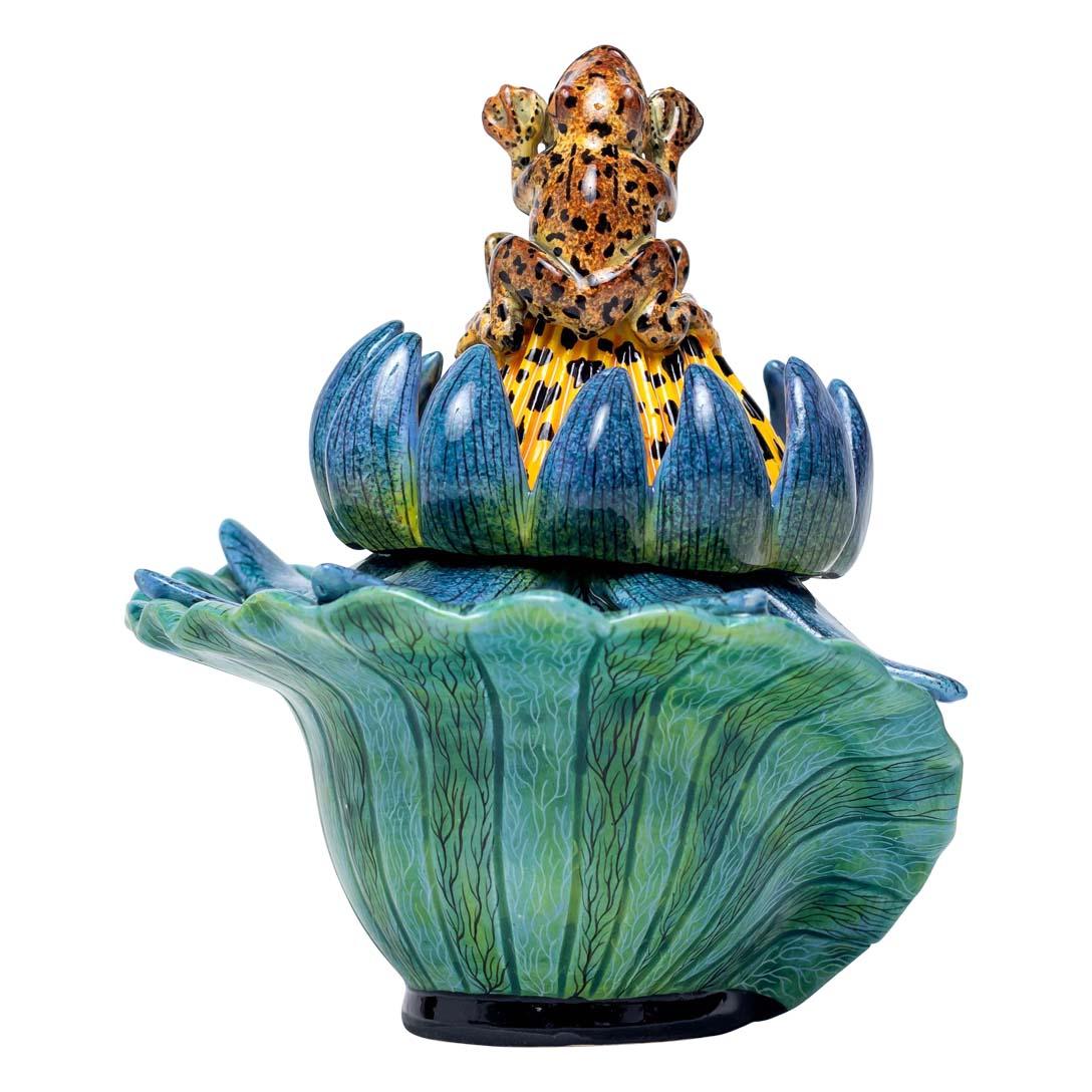 South African Ceramic Waterlilies Plant And Frog Jewelry Box  , hand made in South Africa