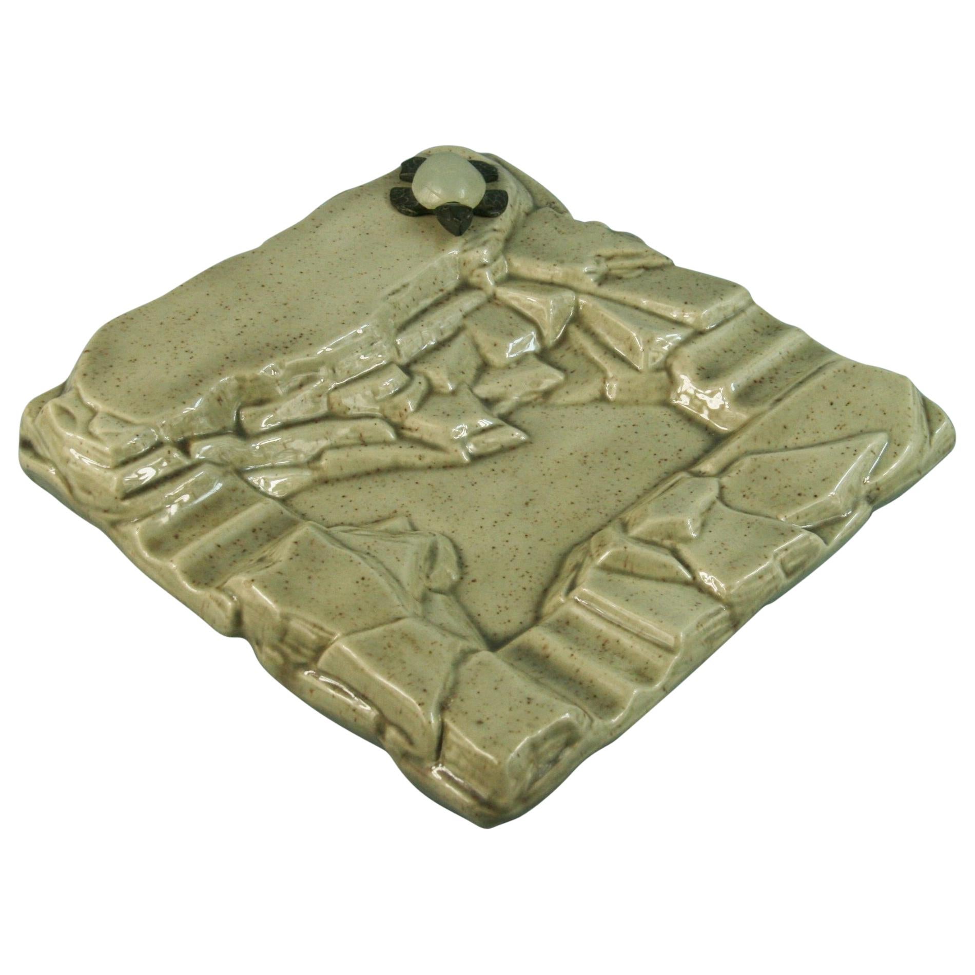 Ceramic Waters Edge Garden Bird Bath with Hand Carved Turtle /Catch All/Ash Tray For Sale