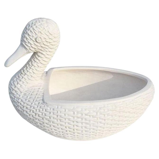 Ceramic White Faux Wicker Duck Planter For Sale