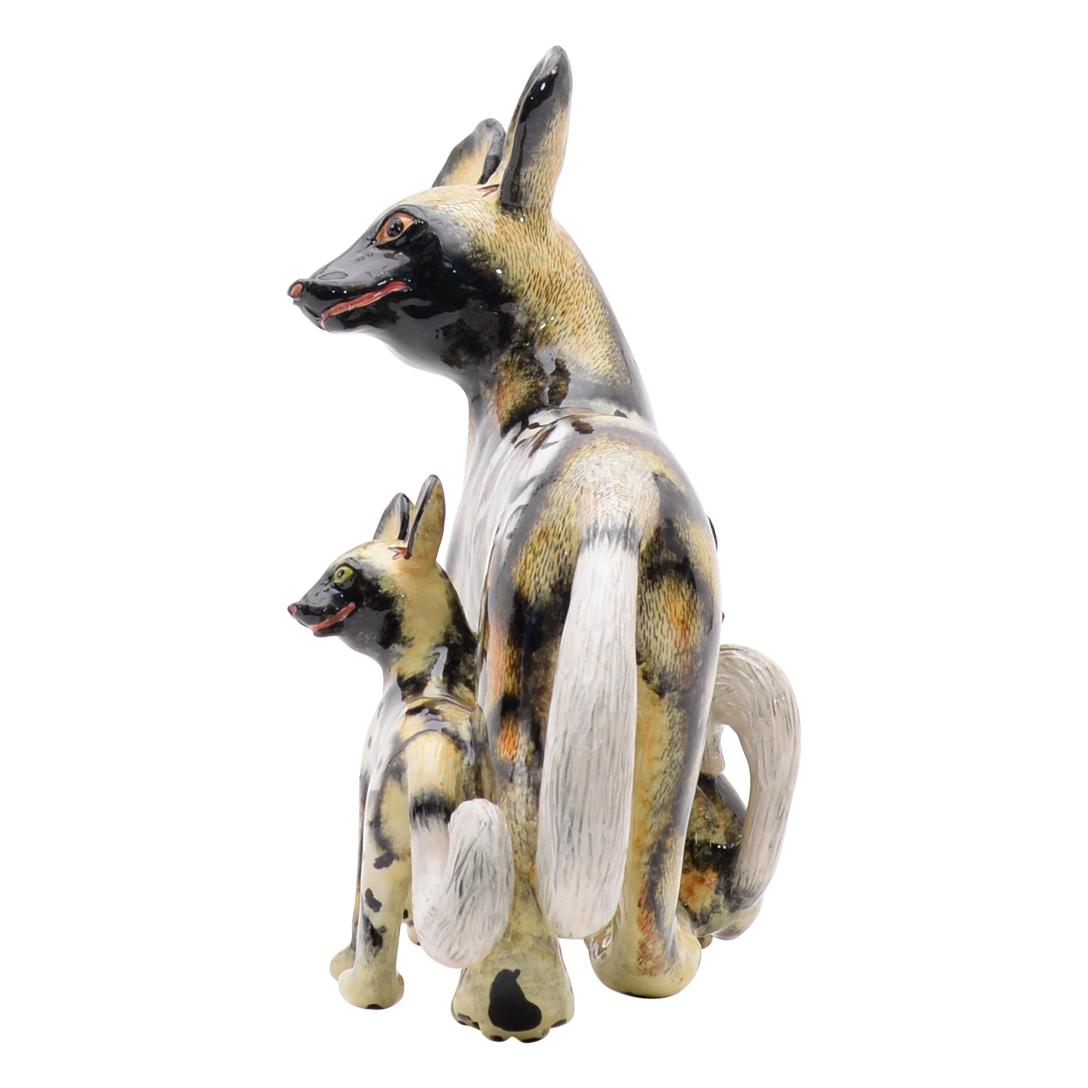 Hand-Painted Ceramic Wild Dogs Sculpture  , hand made in South Africa