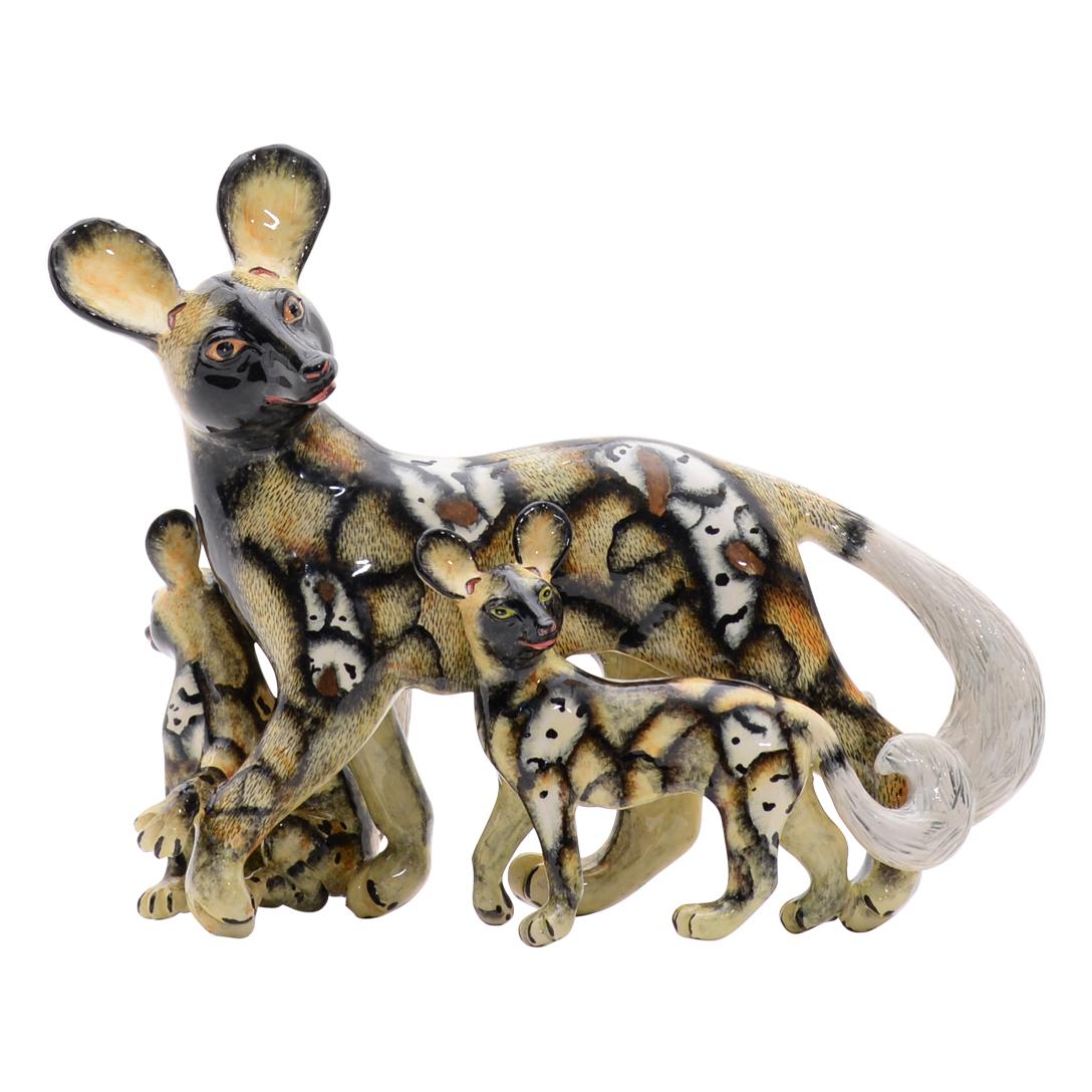 Ceramic Wild Dogs Sculpture  , hand made in South Africa In Excellent Condition In North Miami, FL