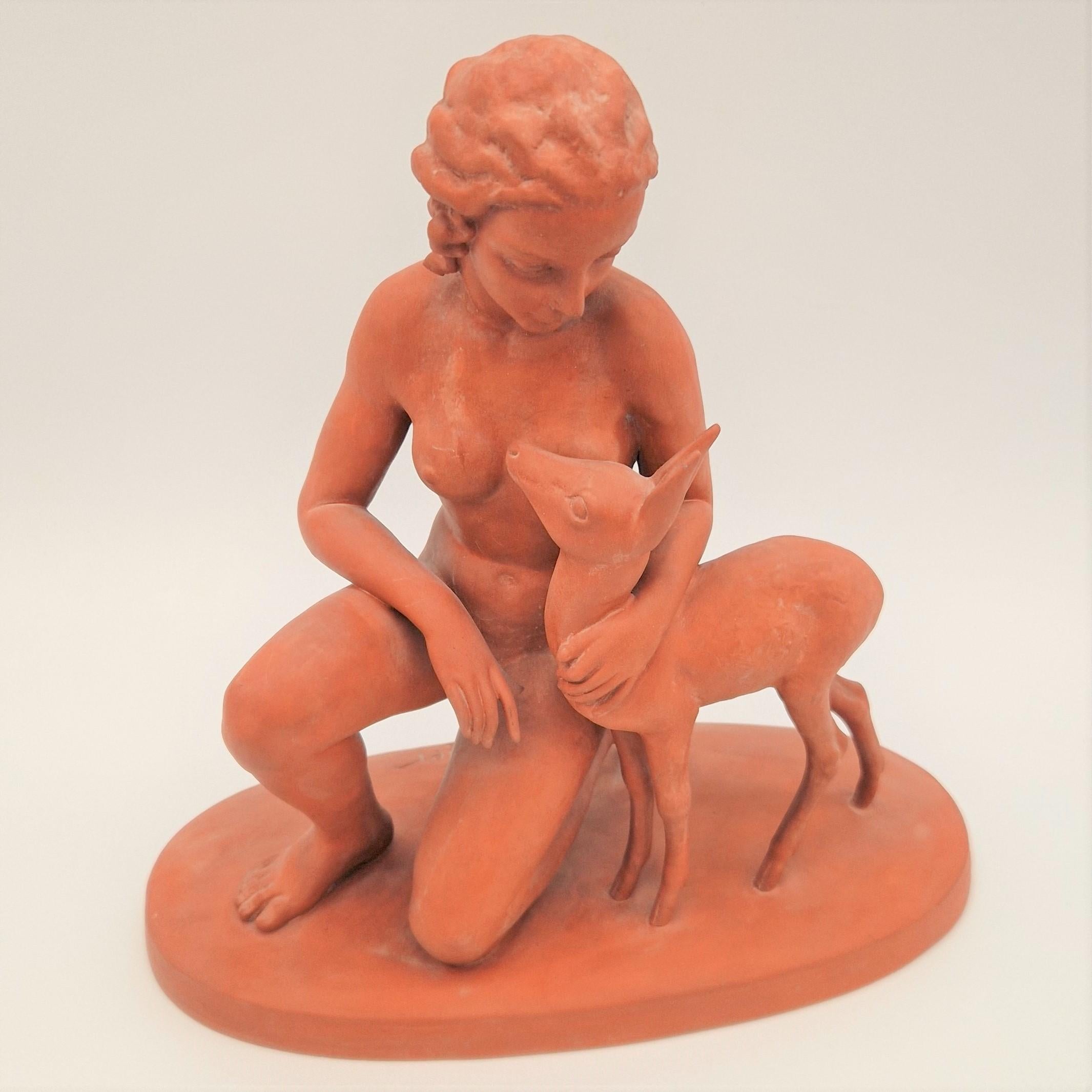 Mid-Century Modern Ceramic Woman with Deer by R. Unger for Göbel. 1941 For Sale