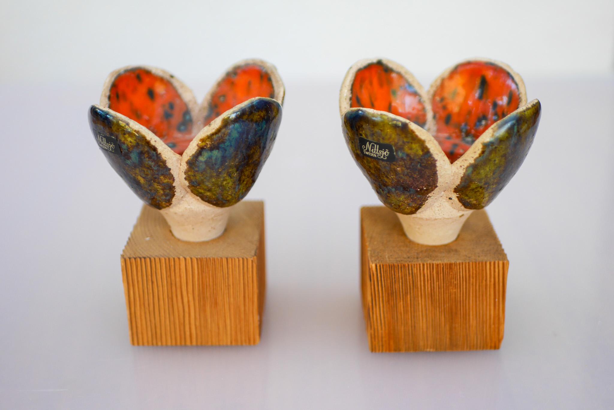 Ceramic & Wood Candlestick holders by Nittsjö, Sweden For Sale 3