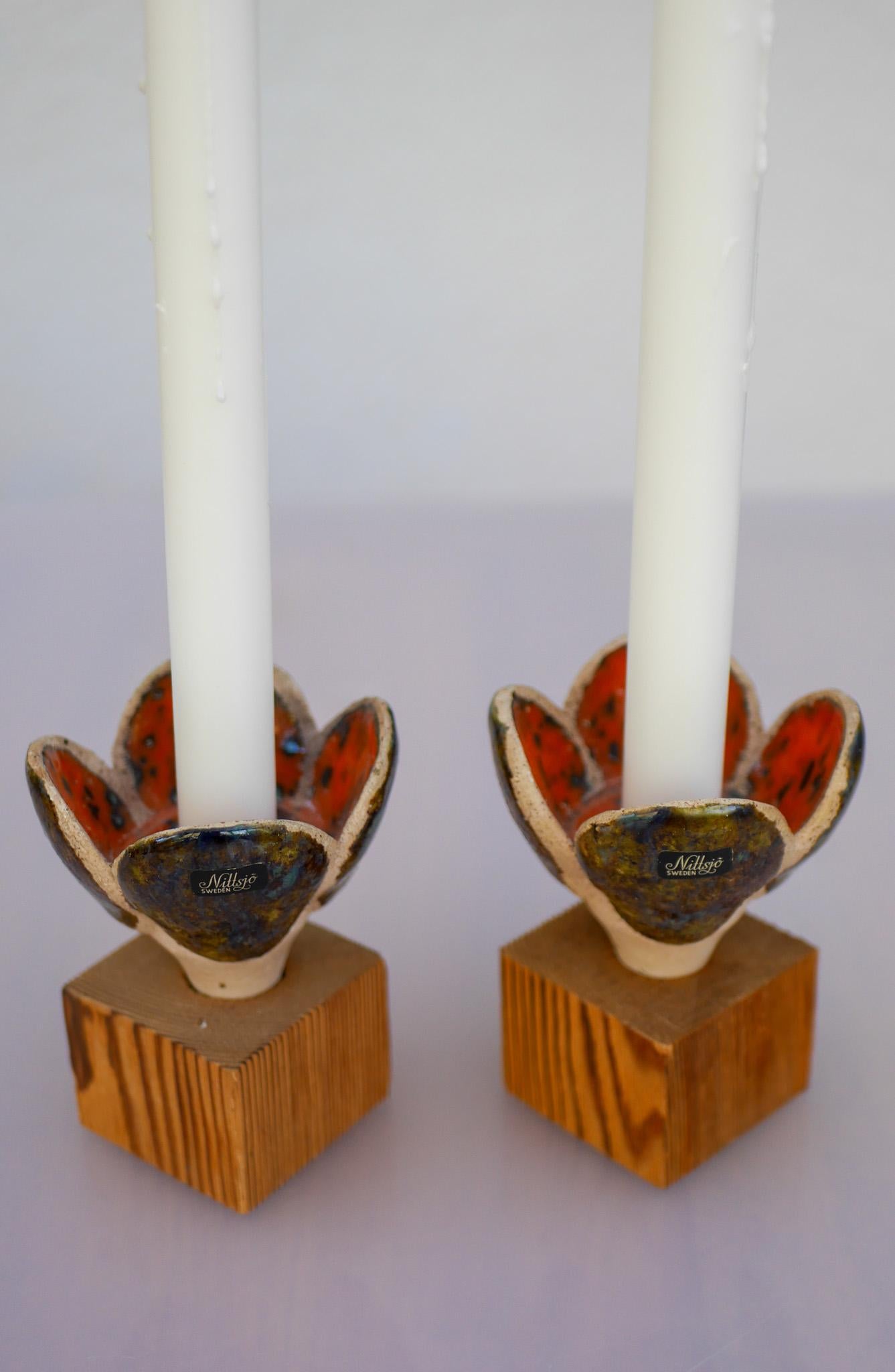 Ceramic & Wood Candlestick holders by Nittsjö, Sweden For Sale 4