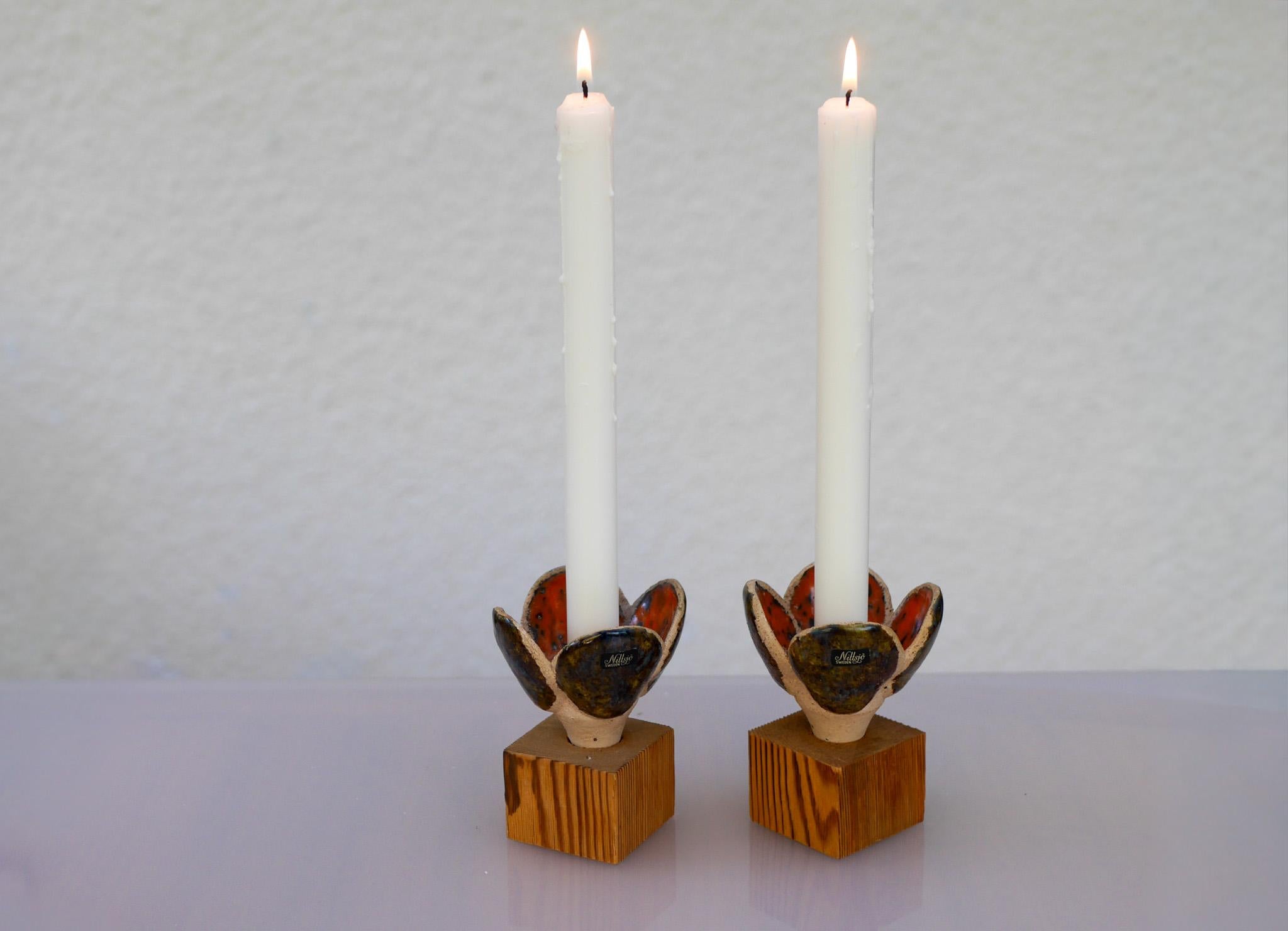 Mid-Century Modern Ceramic & Wood Candlestick holders by Nittsjö, Sweden For Sale