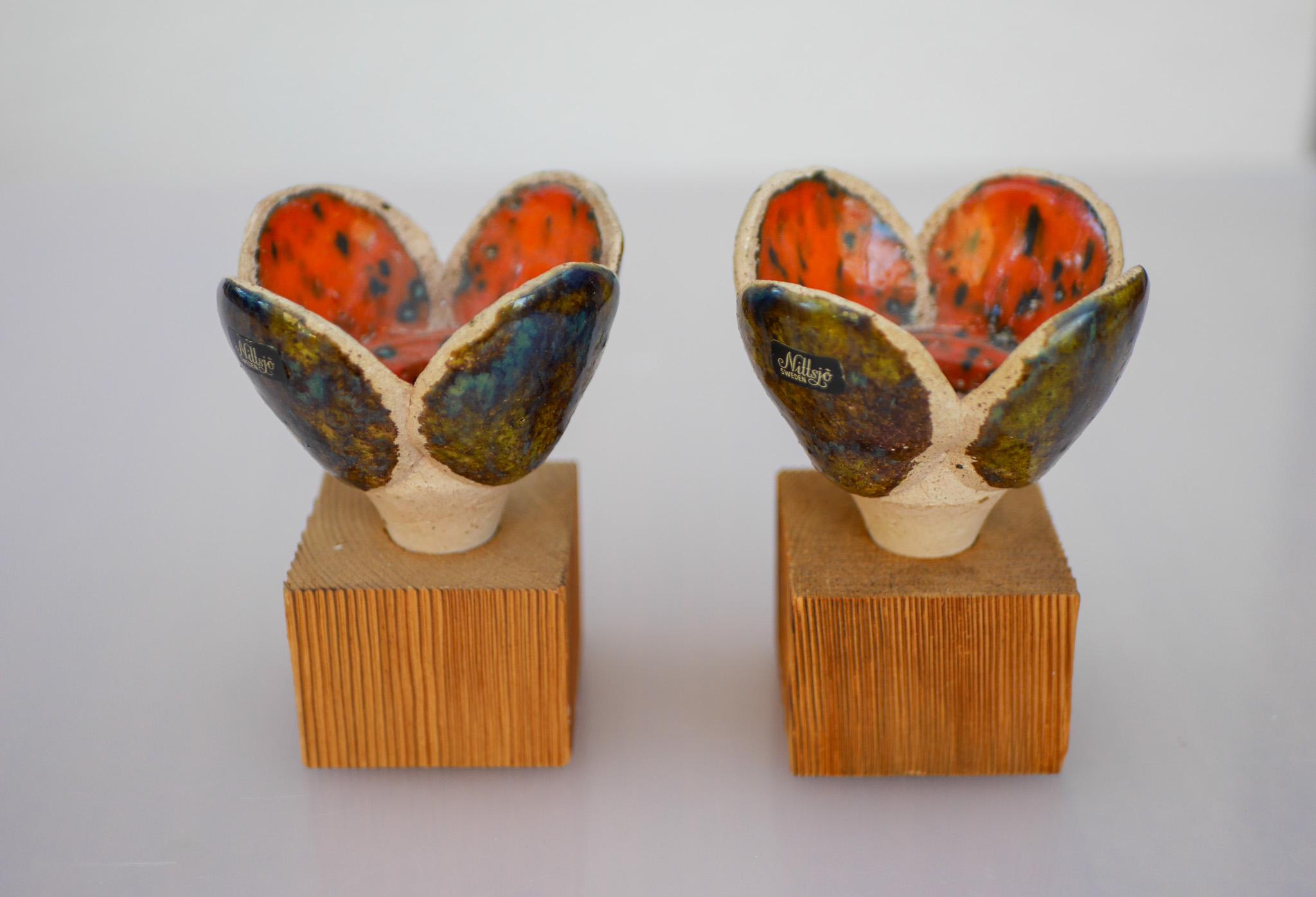 Swedish Ceramic & Wood Candlestick holders by Nittsjö, Sweden For Sale