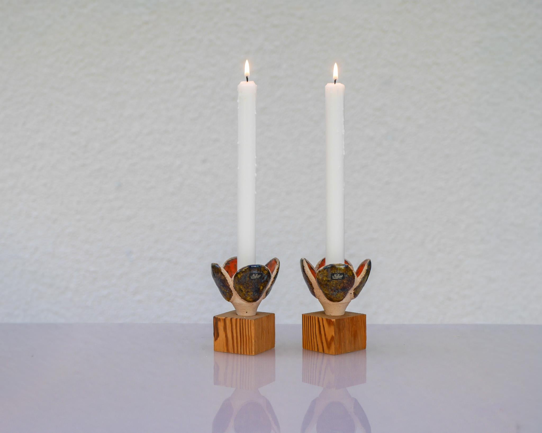 Hand-Crafted Ceramic & Wood Candlestick holders by Nittsjö, Sweden For Sale
