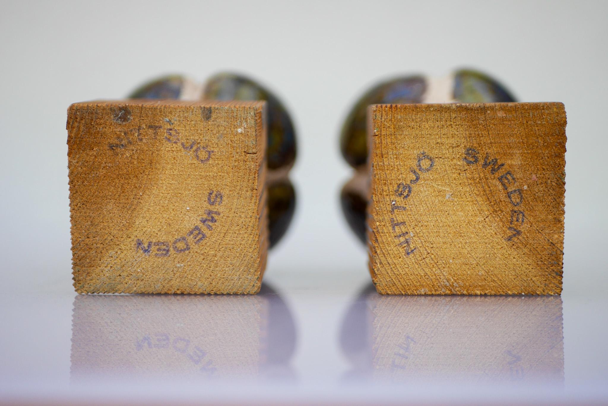 Ceramic & Wood Candlestick holders by Nittsjö, Sweden In Good Condition For Sale In Skarpnäck, SE