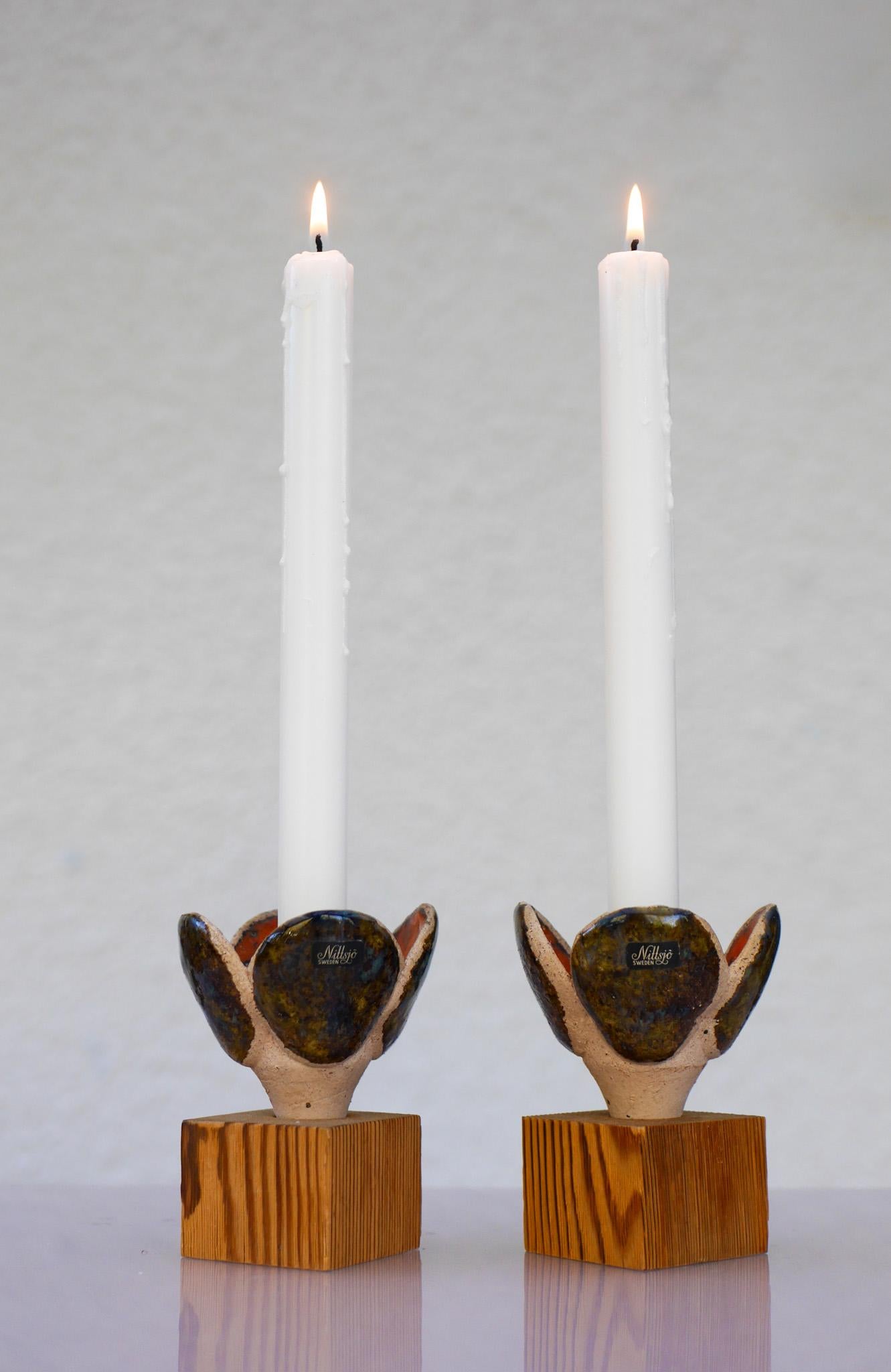 Late 20th Century Ceramic & Wood Candlestick holders by Nittsjö, Sweden For Sale