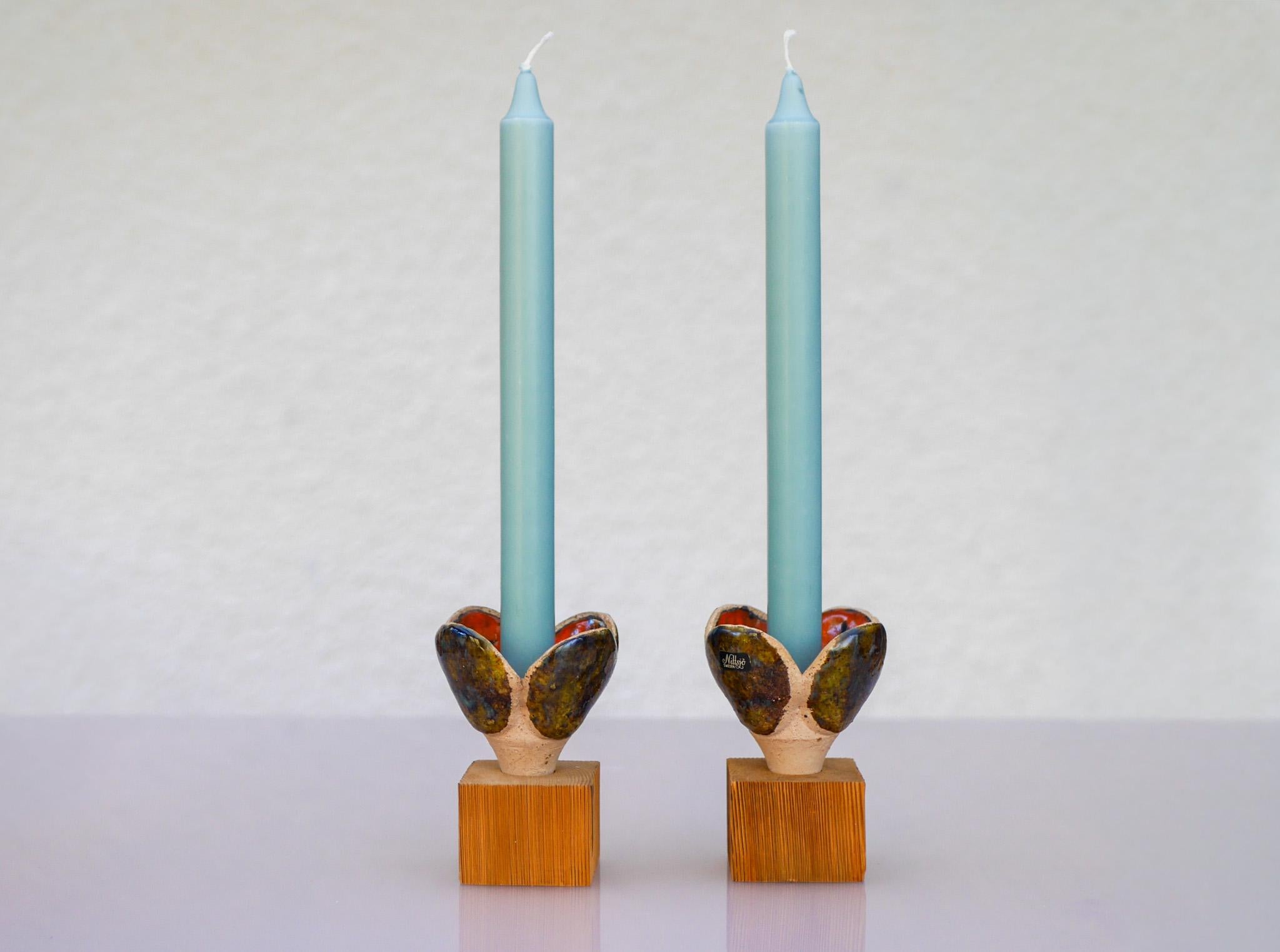 Ceramic & Wood Candlestick holders by Nittsjö, Sweden For Sale 1
