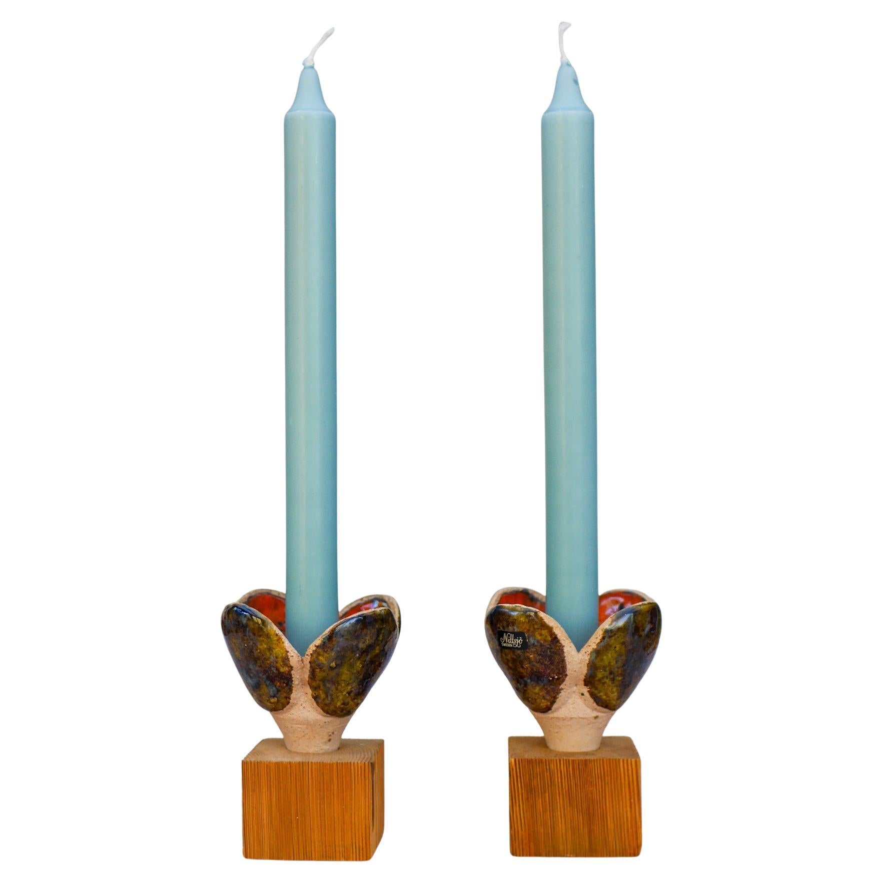 Ceramic & Wood Candlestick holders by Nittsjö, Sweden For Sale
