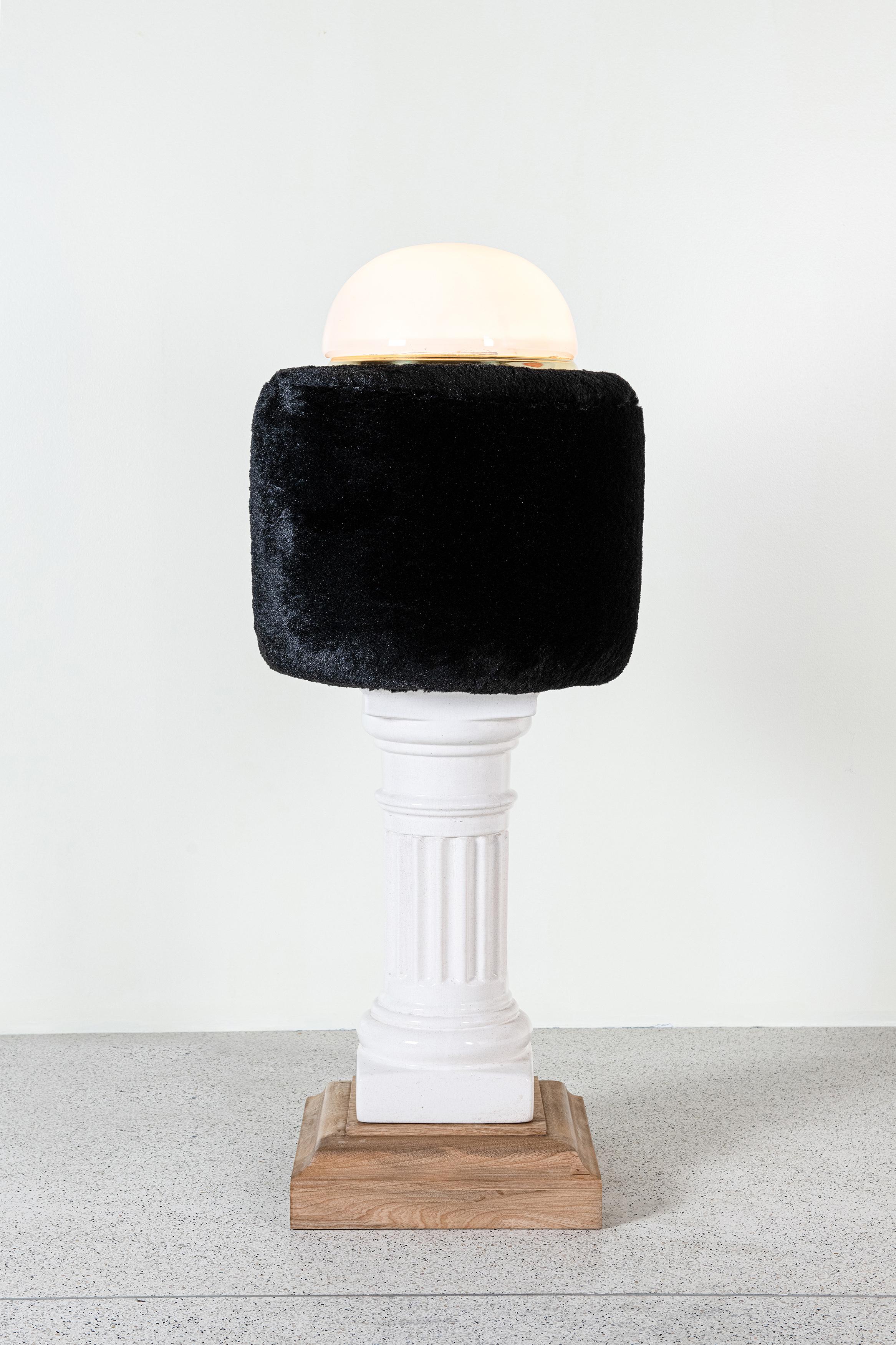 Ceramic, wood, glass and imitation fur floor lamp by Daniel Basso, Argentina, 2020.
Titled: 