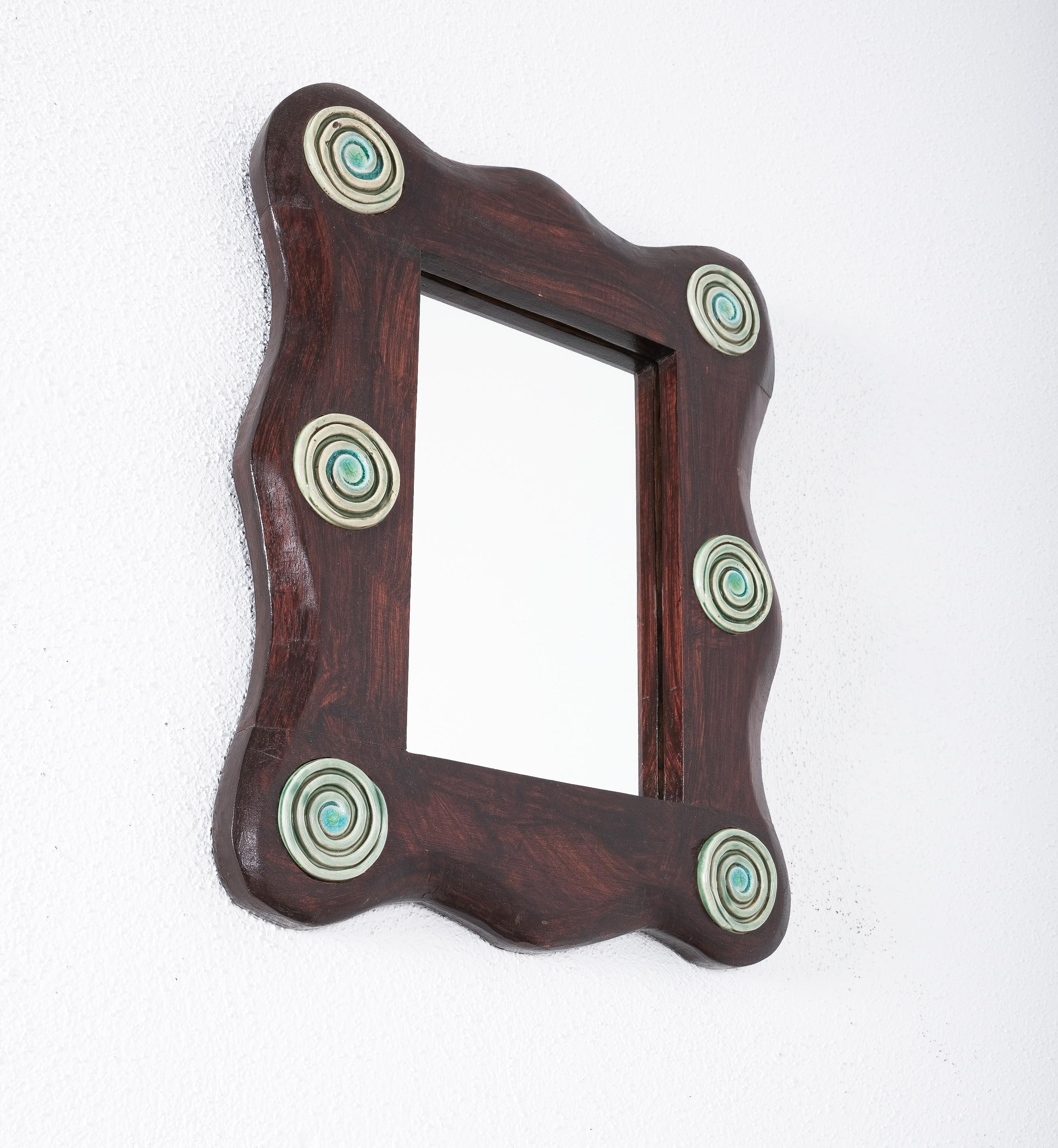 French Ceramic Wood Wall Mirror, Mid-Century, France