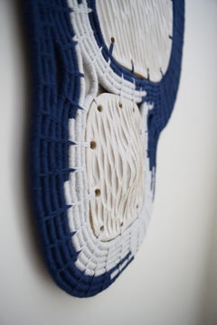 Ceramic & Woven Fiber Wall Sculpture #845 - White Glaze, Navy & Pale Blue Cotton