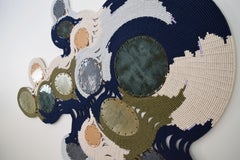 Keramische & gewebte Faser-Wandskulptur #850 - Grün, Blau & Natürliche Glasur & Baumwolle