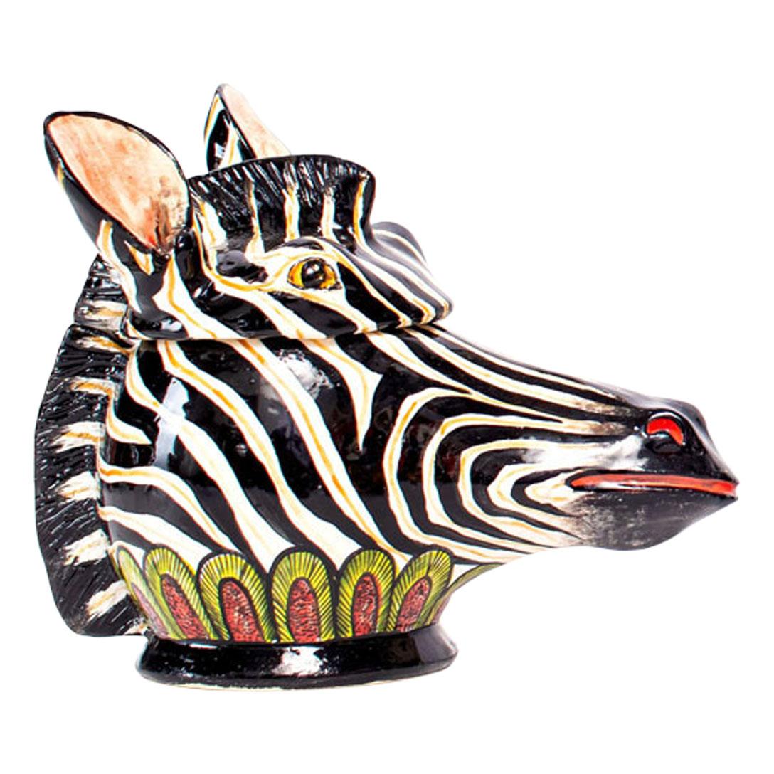 Hand-Painted Ceramic Zebra Head Jewelry Box   , hand made in South Africa For Sale