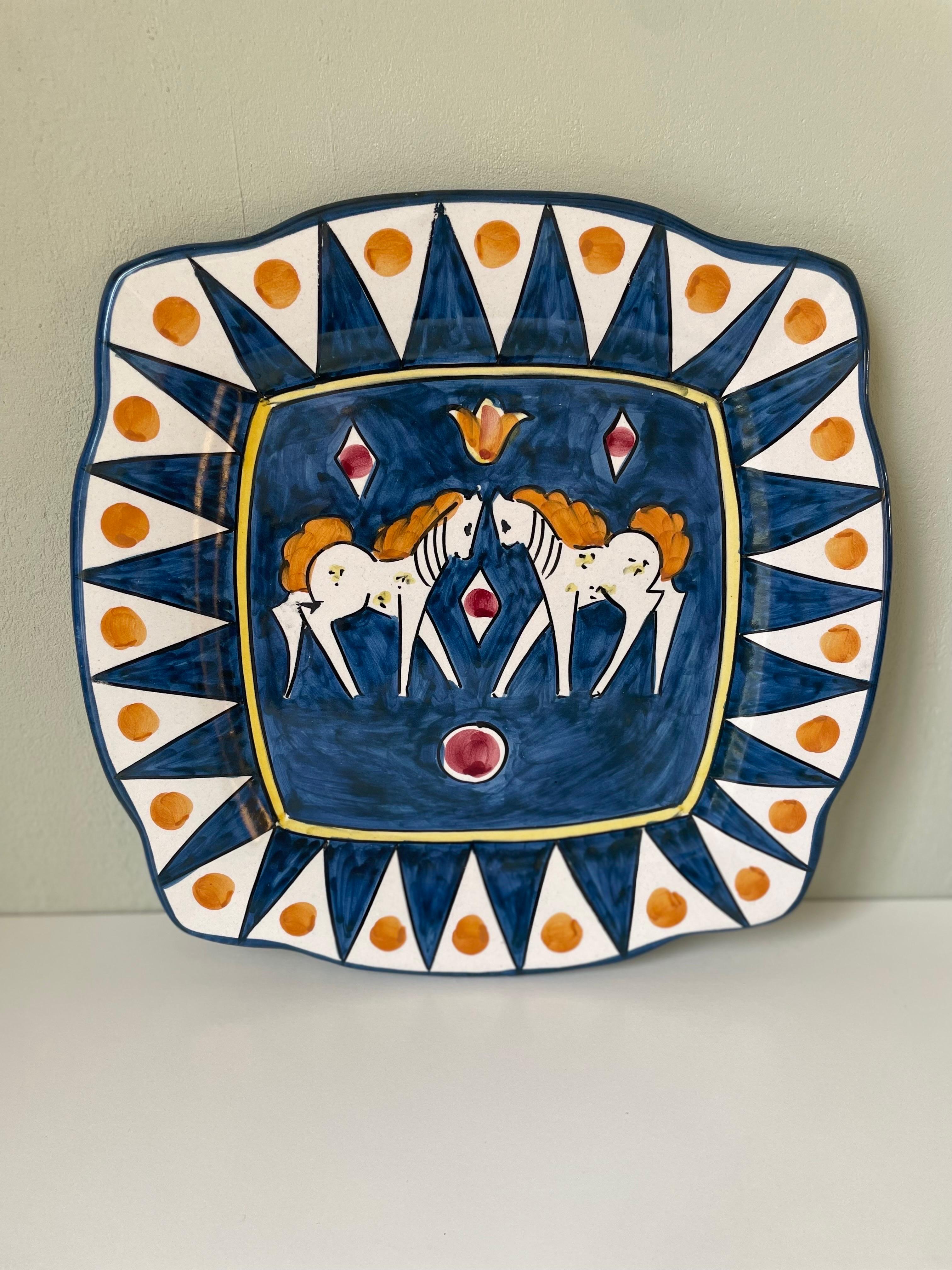 Mid-Century Modern Ceramica Artistica Solimene Blue, White and Orange Decorative Dish Plate, Italy