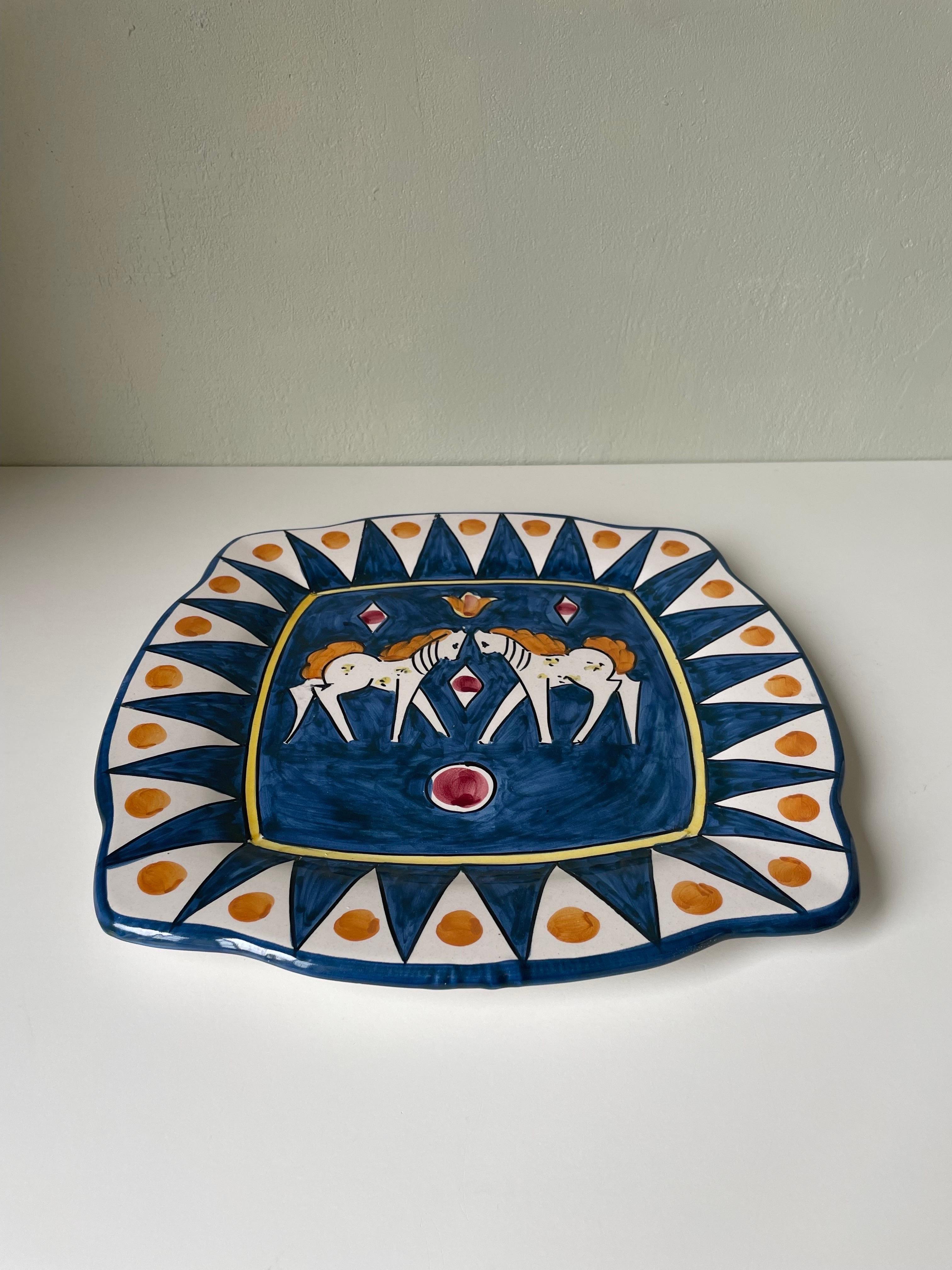 Italian Ceramica Artistica Solimene Blue, White and Orange Decorative Dish Plate, Italy