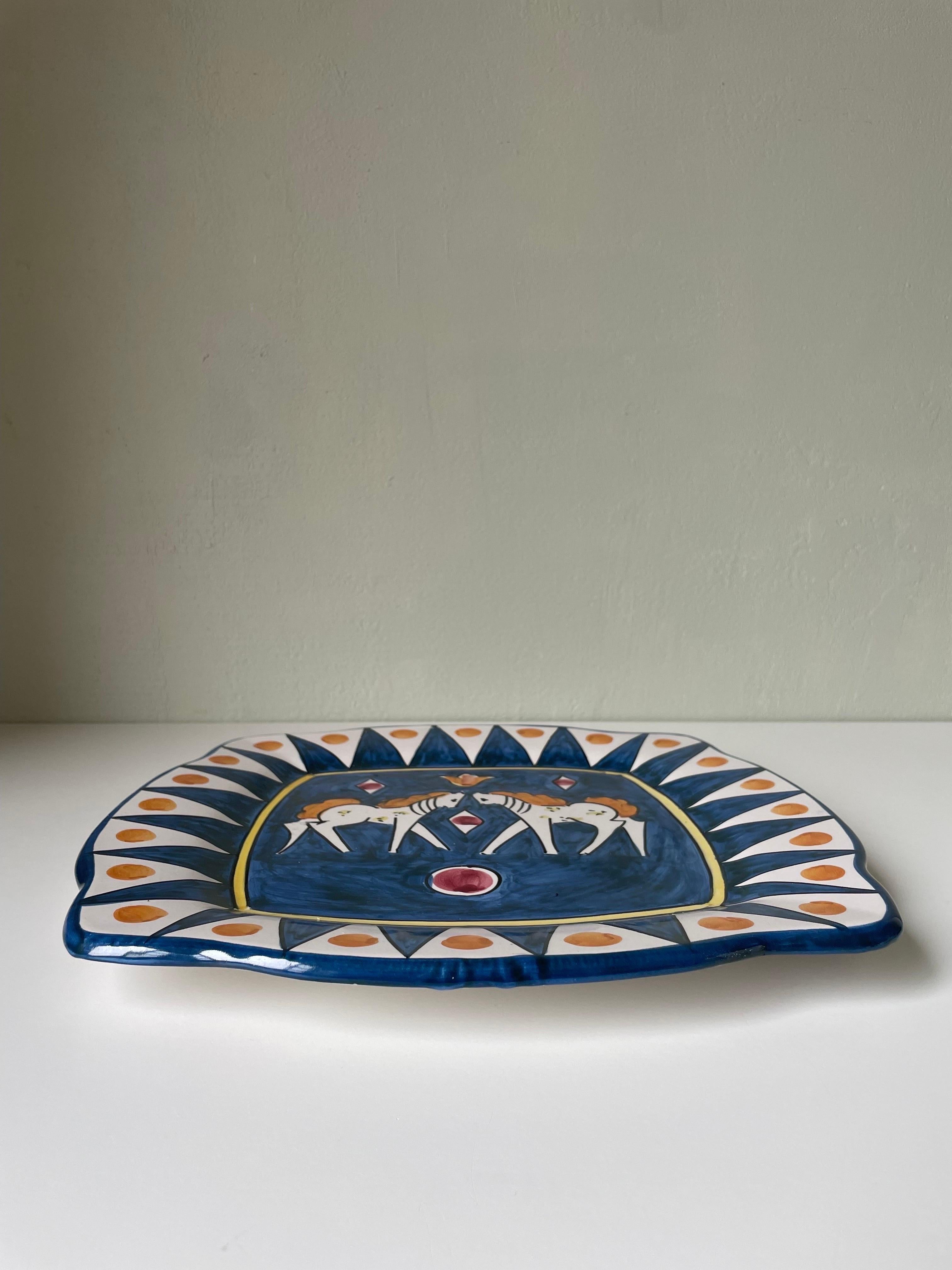 Glazed Ceramica Artistica Solimene Blue, White and Orange Decorative Dish Plate, Italy