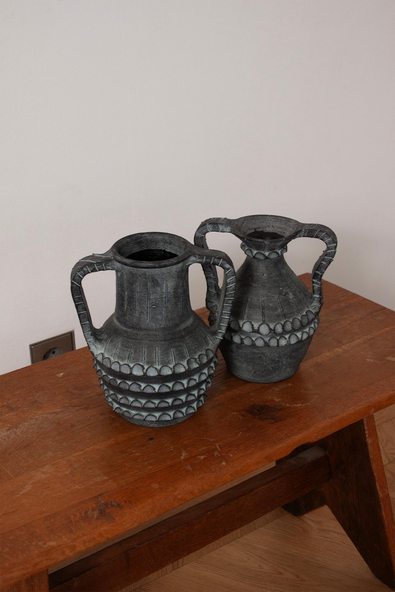Hand-Crafted Ceramica Partenon 1950 Spanish Hand Made Black Ceramic Amphora Mid-Century For Sale