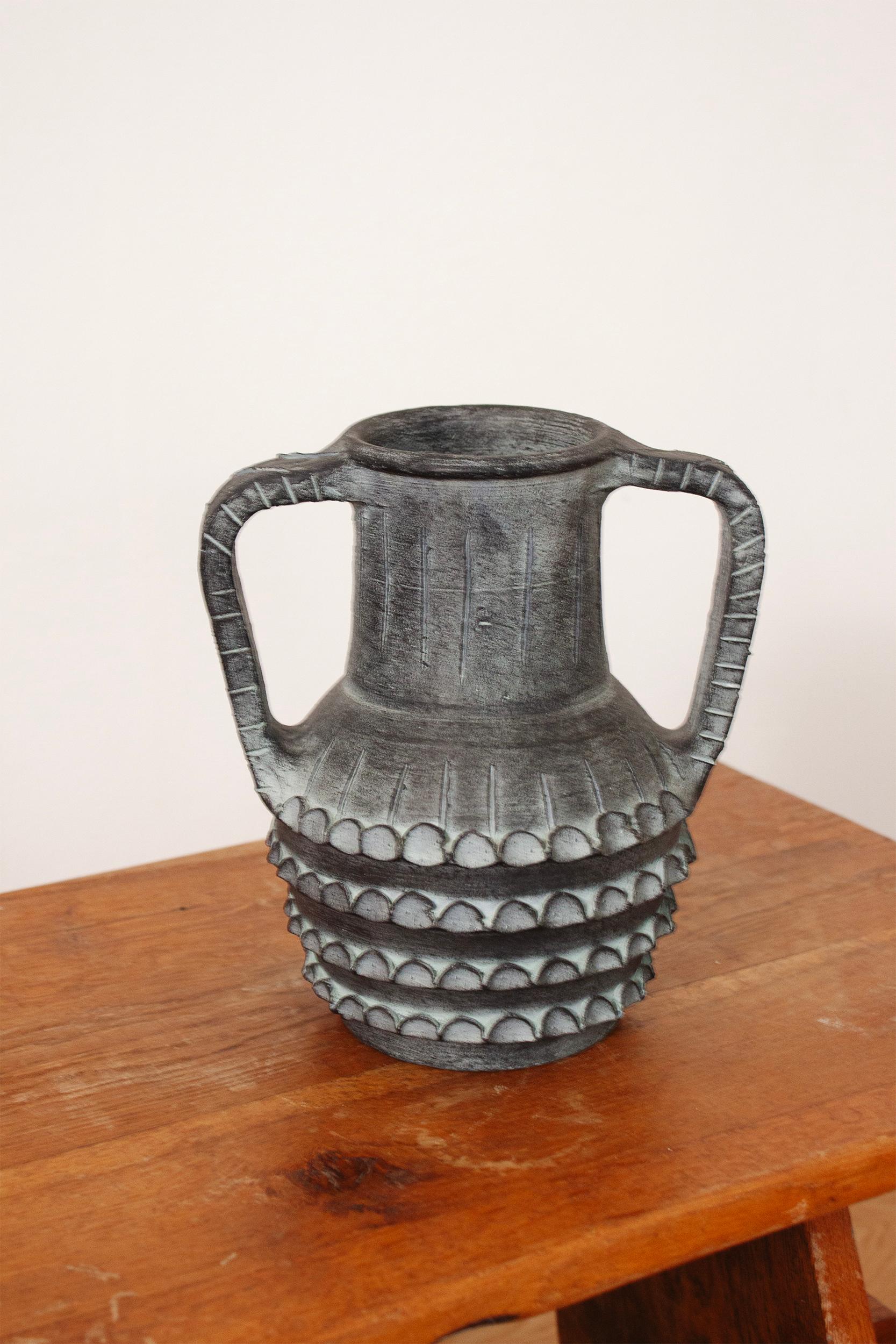 20th Century Ceramica Partenon 1950 Spanish Hand Made Black Ceramic Amphora Mid-Century For Sale