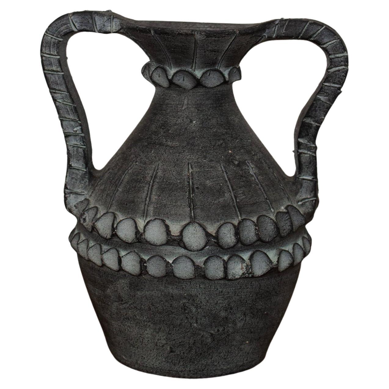 Ceramica Partenon 1950 Spanish Hand Made Black Ceramic Amphora Mid-Century