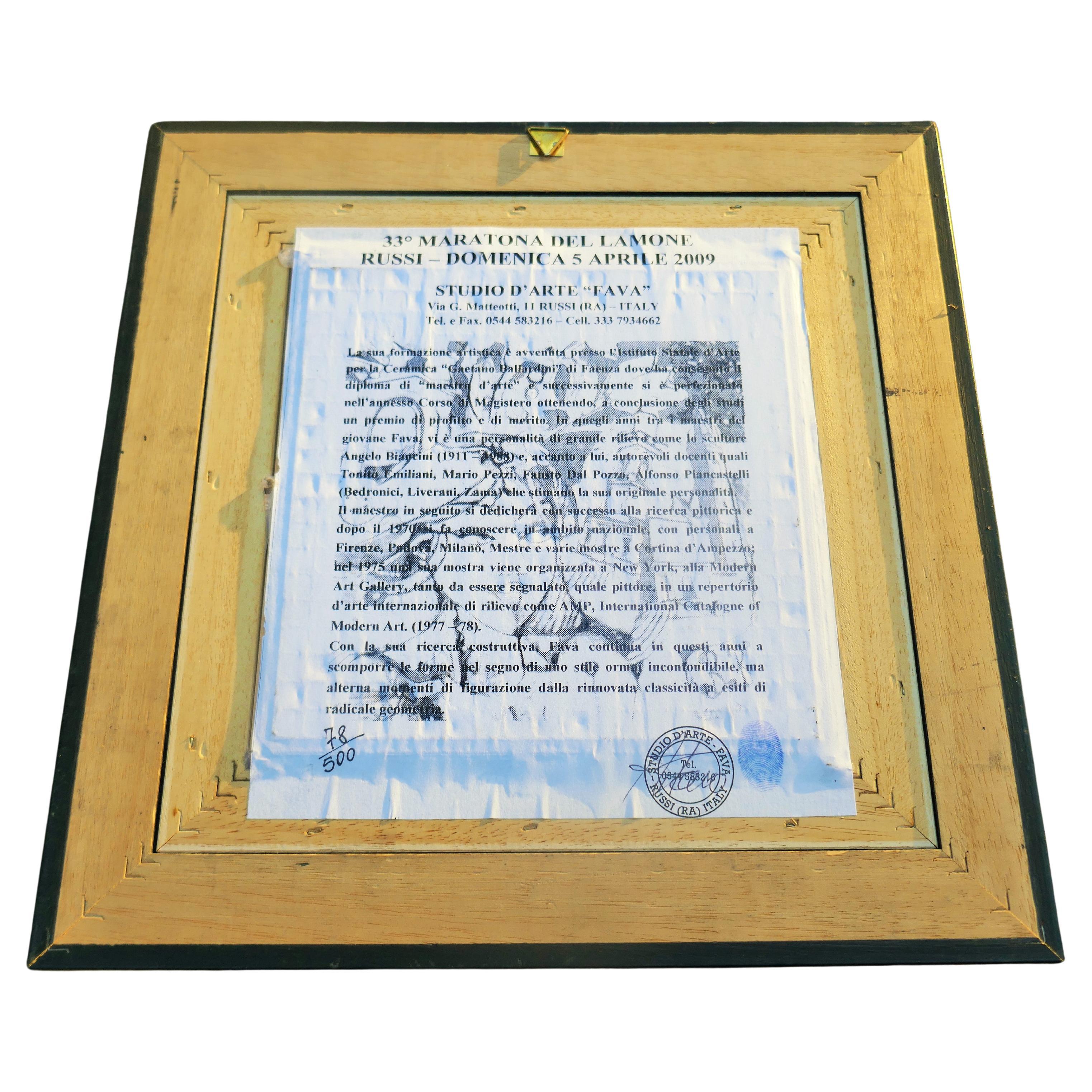 Céramiques du Studio d'arte Fava.
Cette œuvre, numérotée 78, est une édition 1/500.
Signé, imprimé numériquement.
Possible sérigraphie sur céramique.
Professeur d'Adriano Fava et d'Angelo Biancini.
Expositions nationales, dont une exposition en 1975