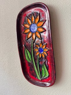 Cerámica Ycee Spanish Mid-Century Terracotta Floral Wall Plaque Red Enamel