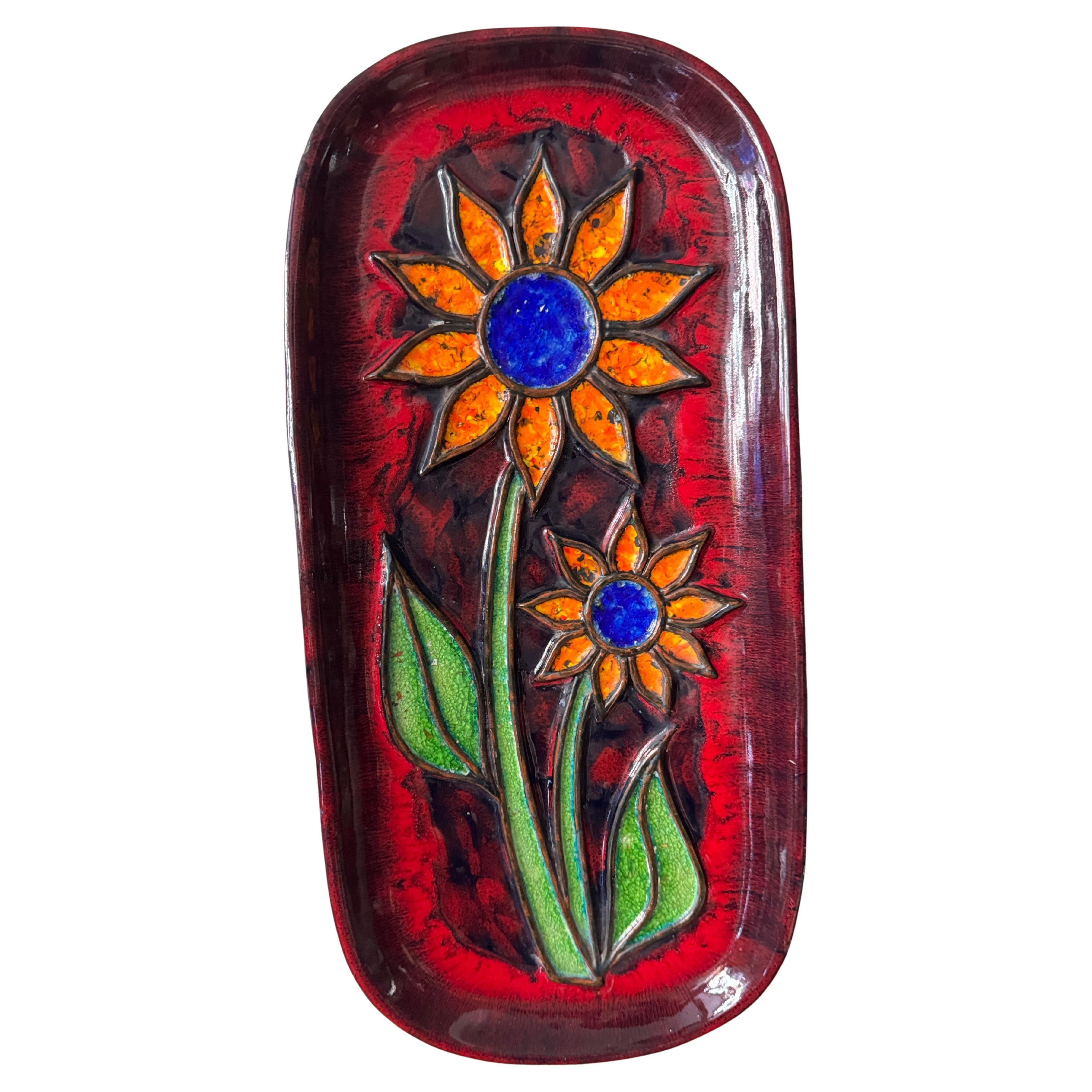 Cerámica Ycee Spanish Mid-Century Terracotta Floral Wall Plaque Red Enamel