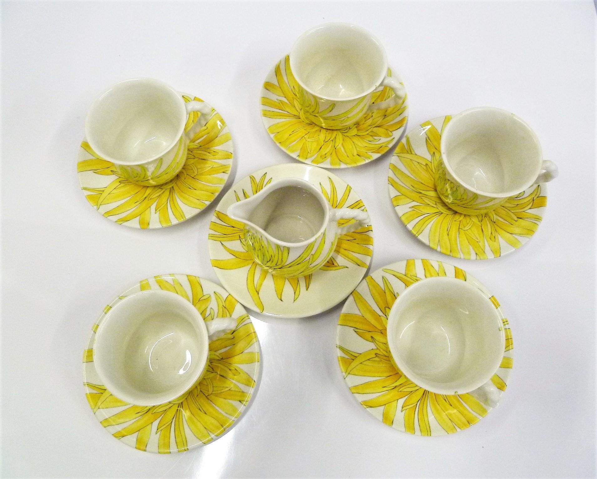 Mid-Century Modern Ceramiche Ernestine, Salerno Italy Chrysanthemum Cups Saucers and Creamer, 1950s