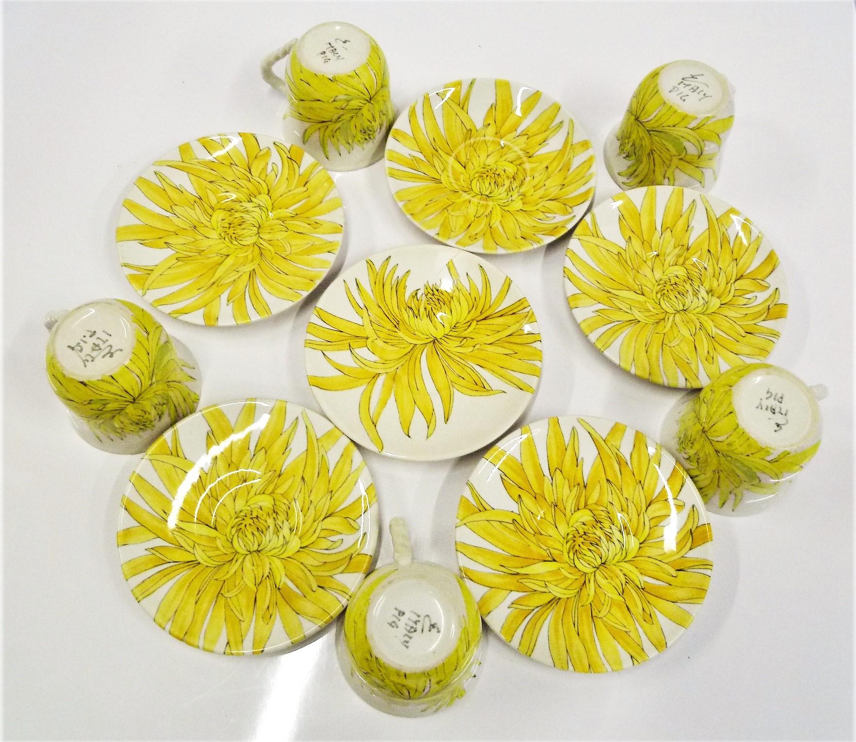 Italian Ceramiche Ernestine, Salerno Italy Chrysanthemum Cups Saucers and Creamer, 1950s