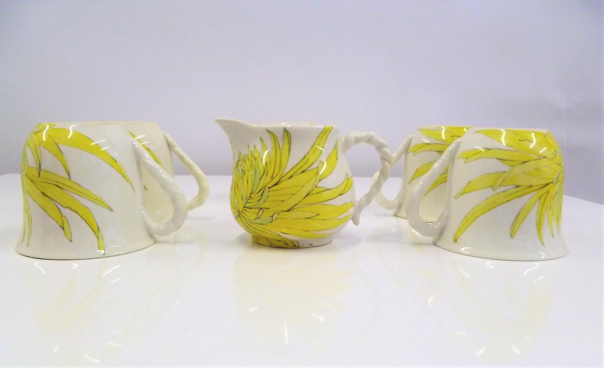 Ceramiche Ernestine, Salerno Italy Chrysanthemum Cups Saucers and Creamer, 1950s 2