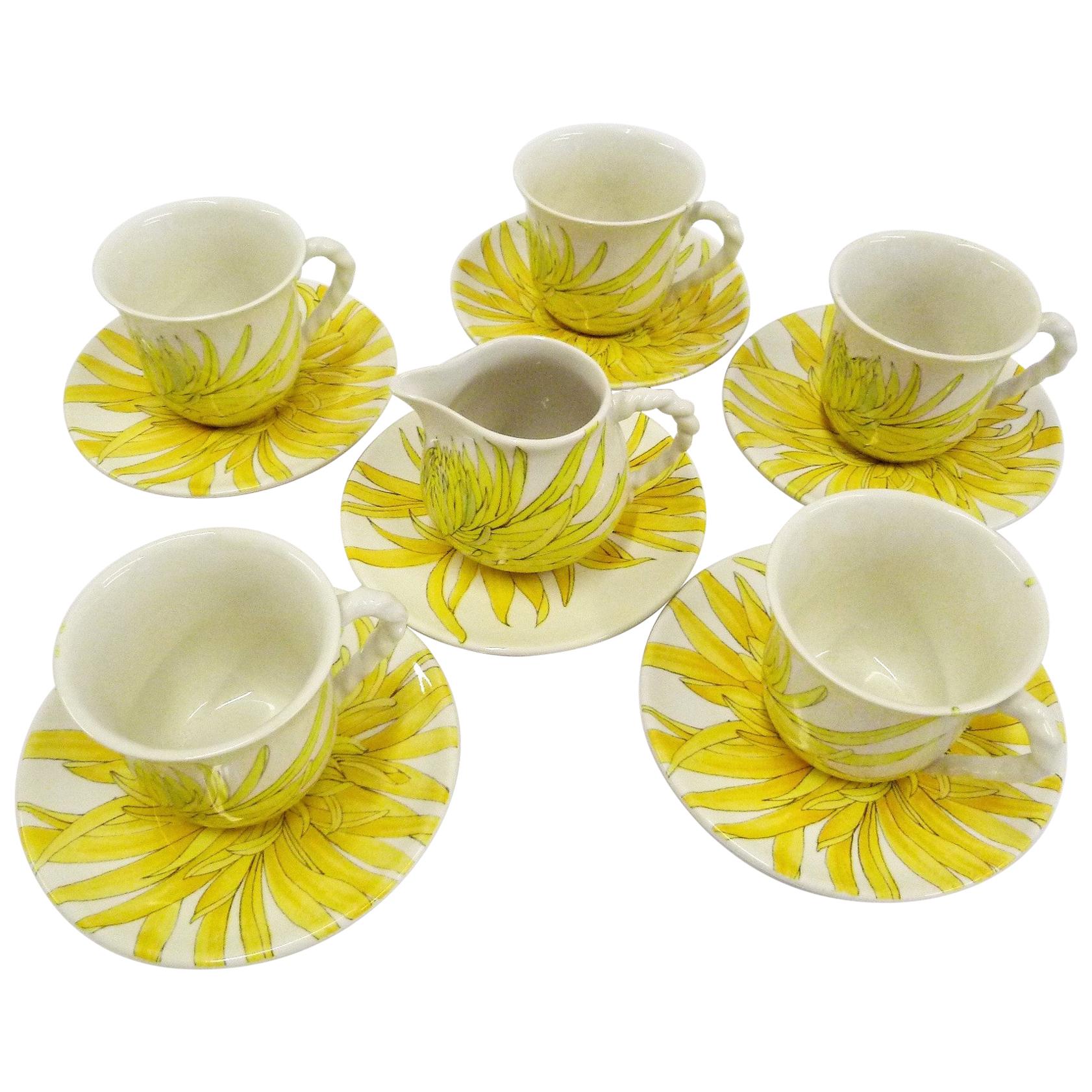 Ceramiche Ernestine, Salerno Italy Chrysanthemum Cups Saucers and Creamer, 1950s
