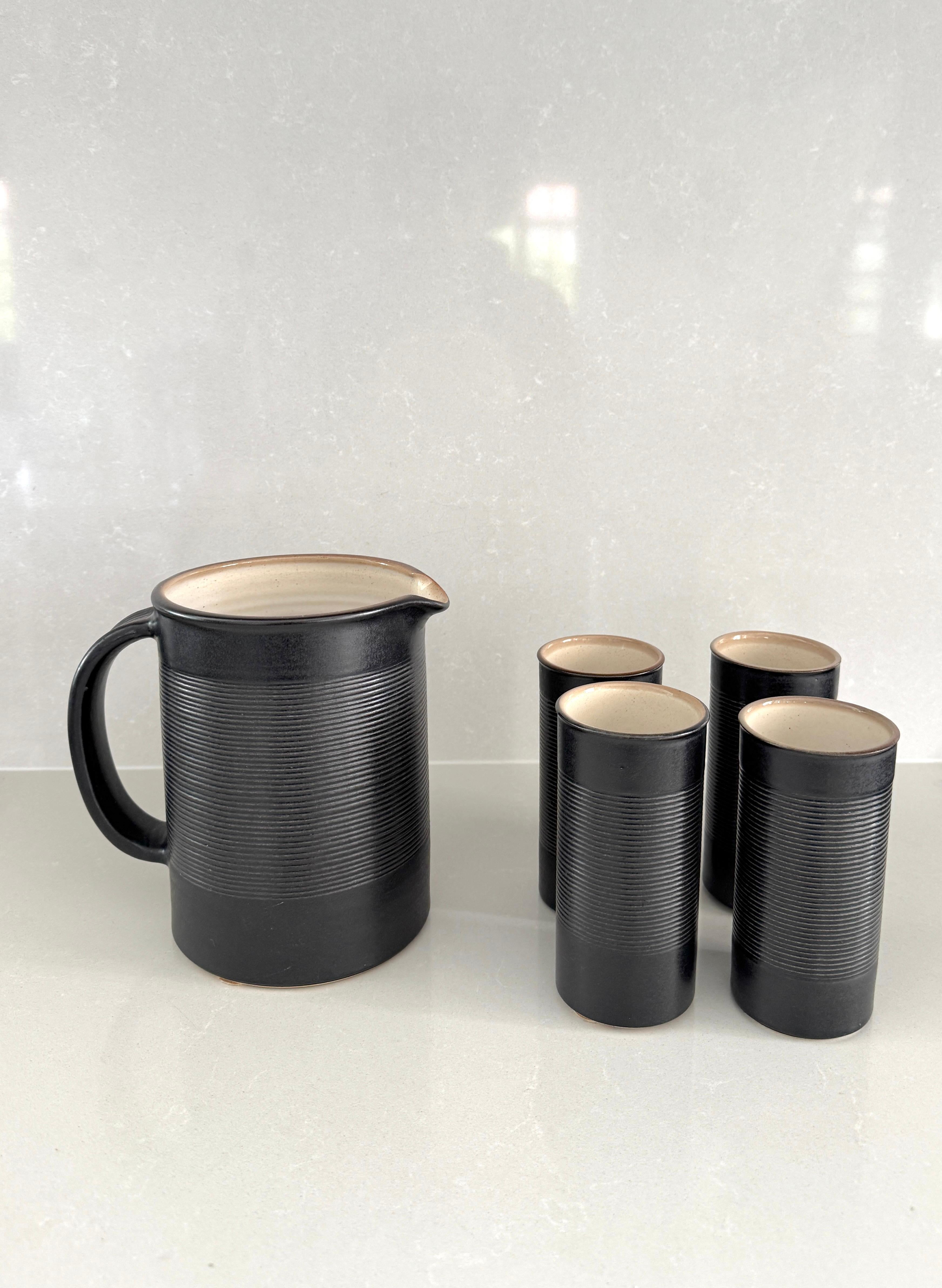 Set consisting of carafe and four glazed ceramic drinking glasses, IP mark on base.
Good vintage condition
