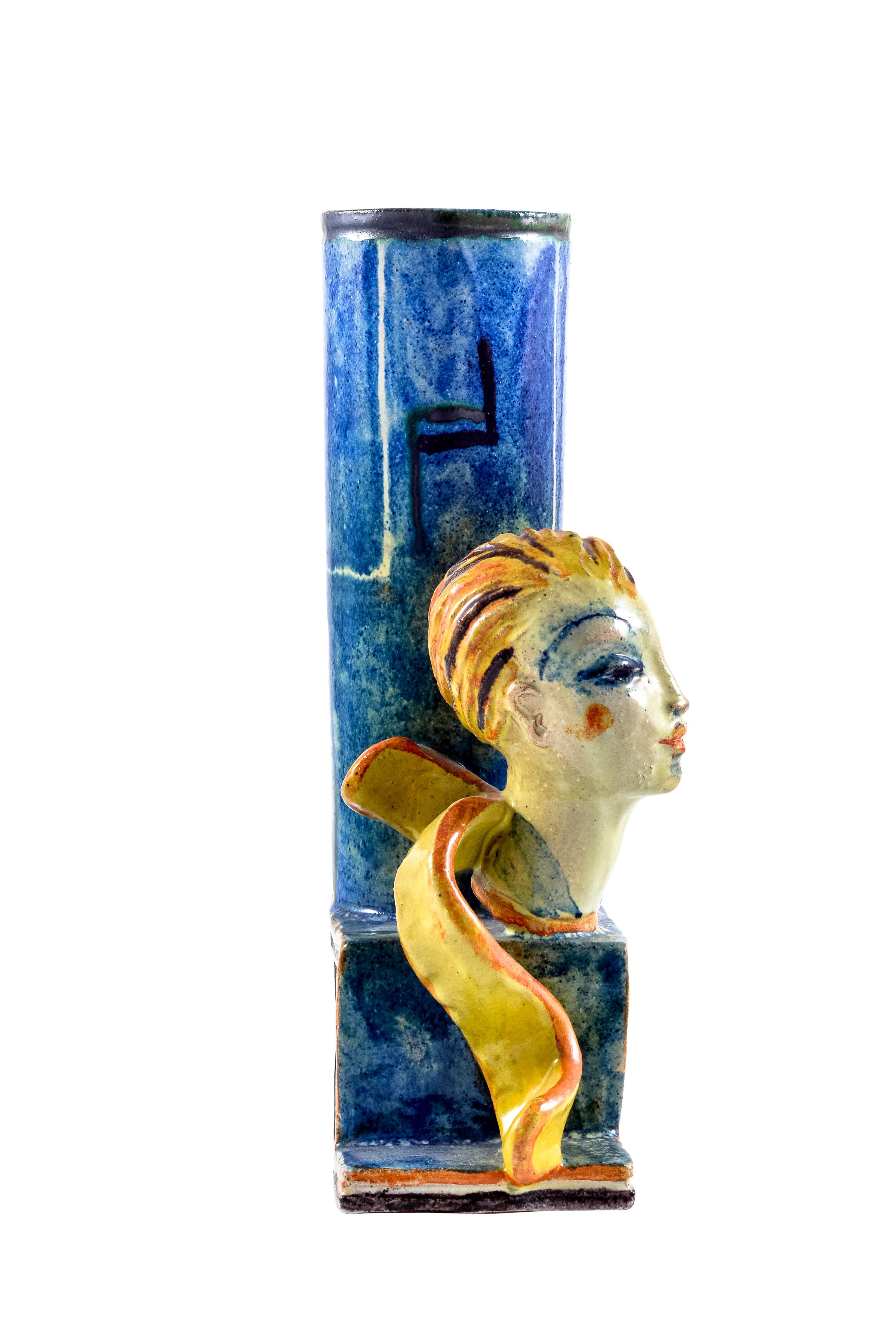 Early 20th Century Ceramics Lamp Stand Female Head Gudrun Baudisch Wiener Werkstatte, circa 1928 For Sale