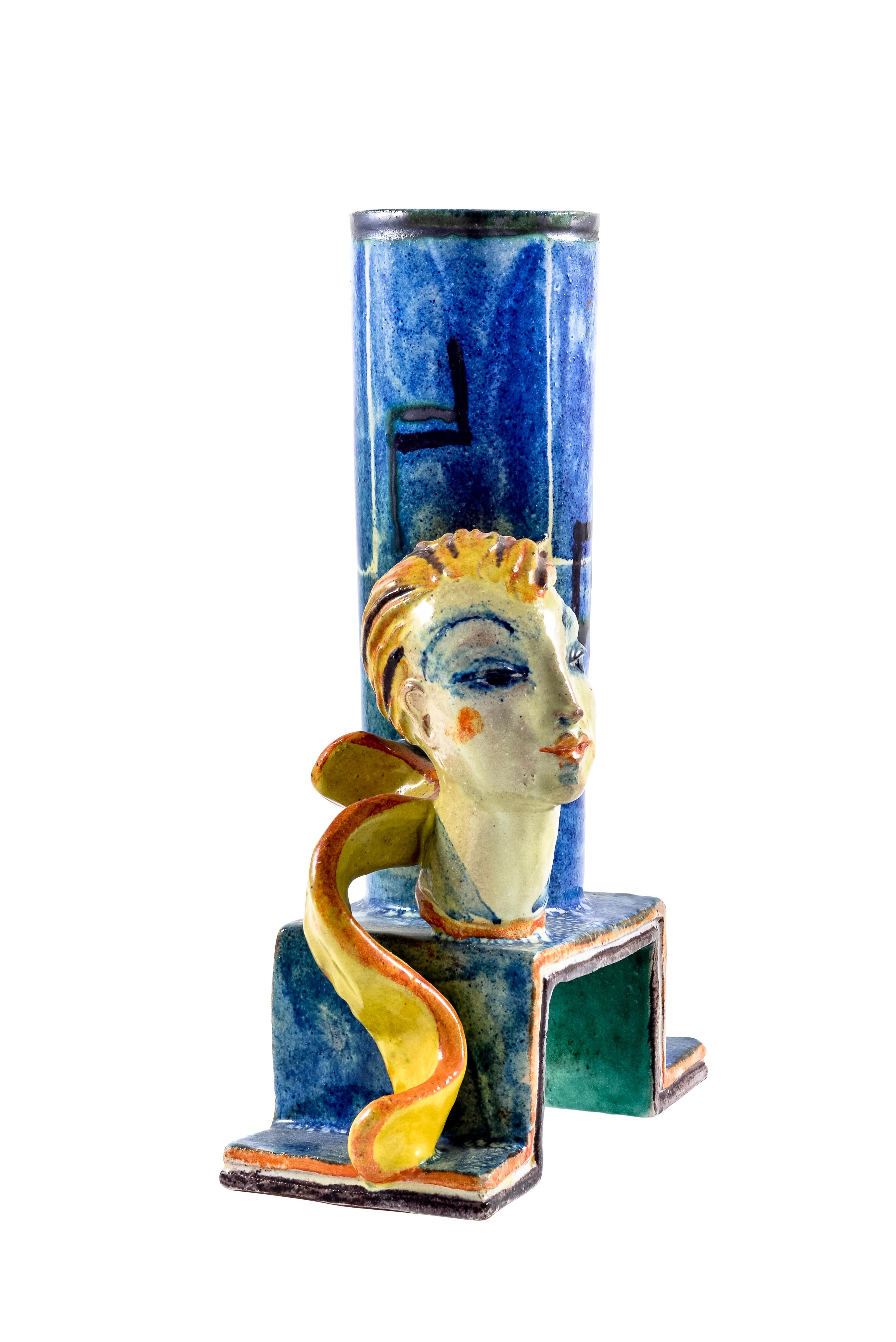 Ceramics Lamp Stand Female Head Gudrun Baudisch Wiener Werkstatte, circa 1928 For Sale 1