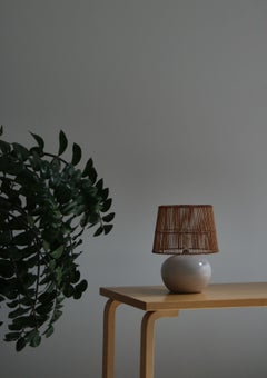 Ceramics White Glazed Table Lamp Herman A. Kähler, Wood & Cane, Denmark, 1940s