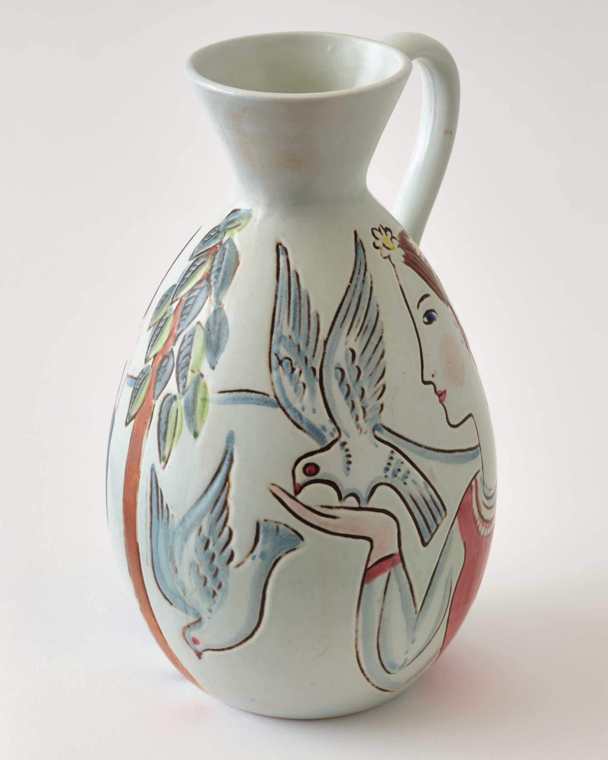 Ceramic Vase by C-H Stalhane, Sweden, Woman & Man Painted, Multi Colors, C 1950 For Sale 3