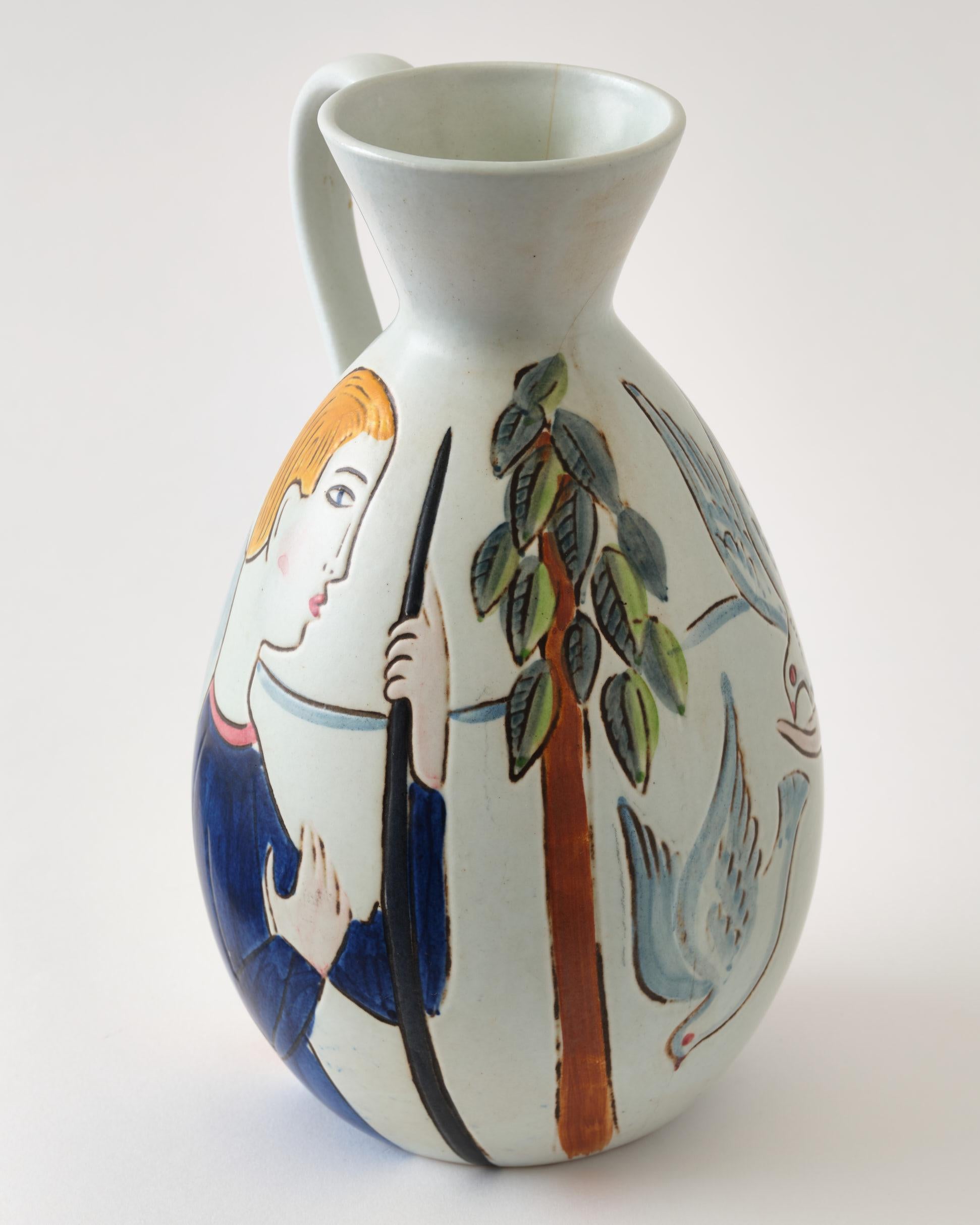 Ceramic Vase by C-H Stalhane, Sweden, Woman & Man Painted, Multi Colors, C 1950 For Sale 4