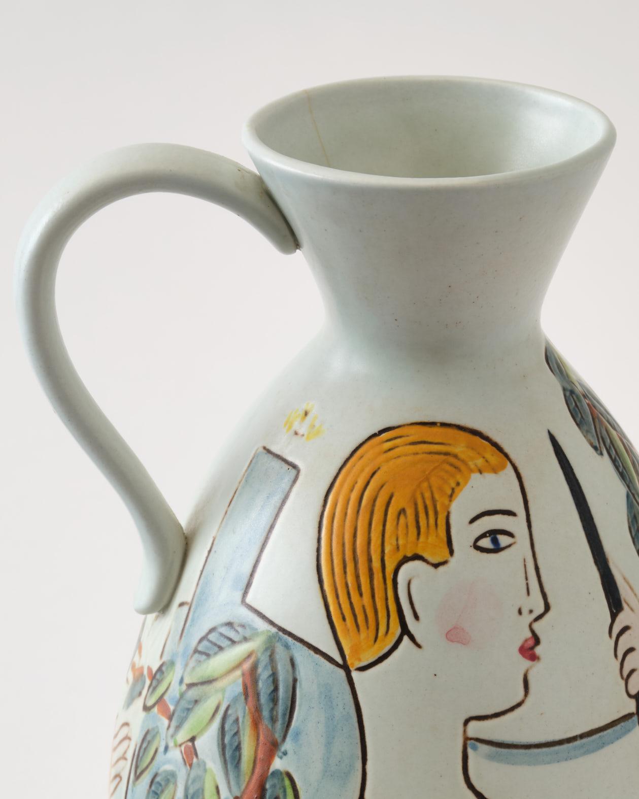 Ceramic Vase by C-H Stalhane, Sweden, Woman & Man Painted, Multi Colors, C 1950 For Sale 5