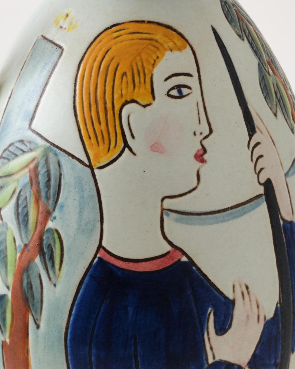 Ceramic Vase by C-H Stalhane, Sweden, Woman & Man Painted, Multi Colors, C 1950 For Sale 6