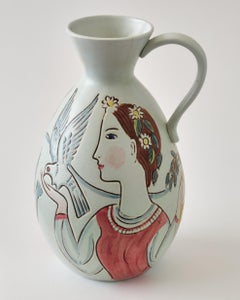 Ceramic Vase by C-H Stalhane, Woman & Man Painted, Multi Colors, Sweden, C 1950