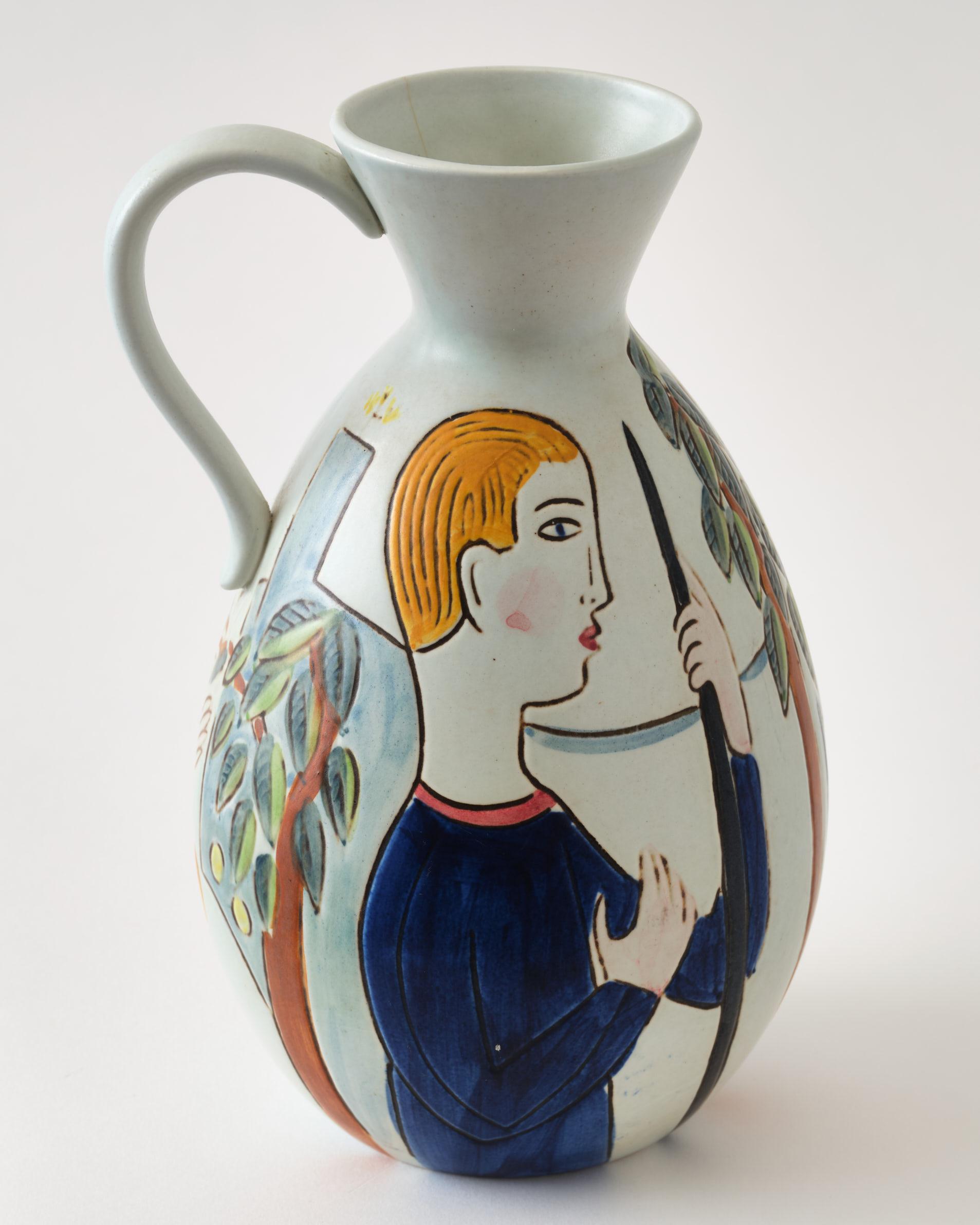 Mid-Century Modern Ceramic Vase by C-H Stalhane, Sweden, Woman & Man Painted, Multi Colors, C 1950 For Sale