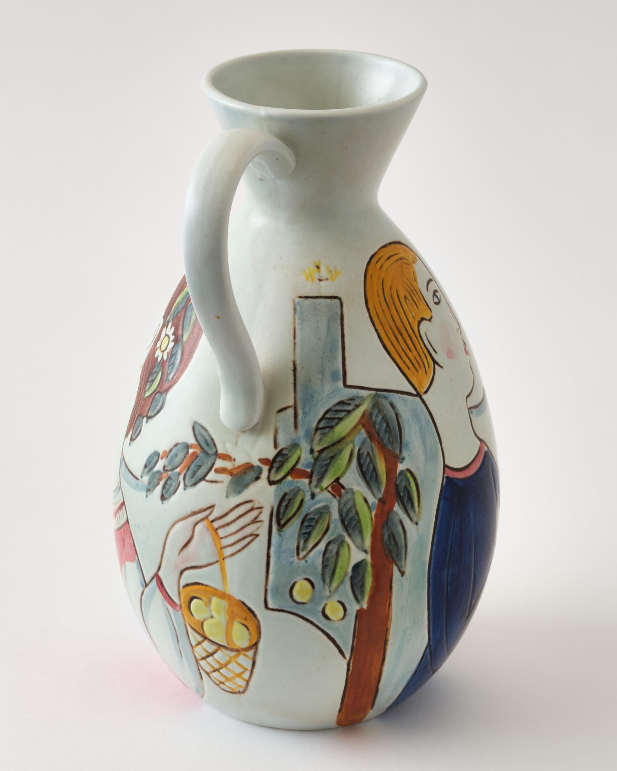 Swedish Ceramic Vase by C-H Stalhane, Sweden, Woman & Man Painted, Multi Colors, C 1950 For Sale
