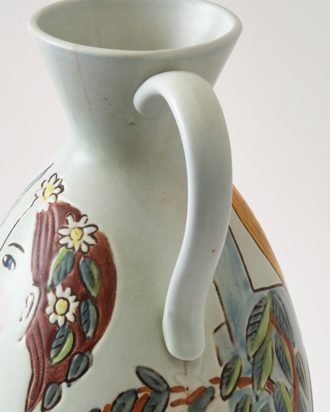 Hand-Crafted Ceramic Vase by C-H Stalhane, Sweden, Woman & Man Painted, Multi Colors, C 1950 For Sale